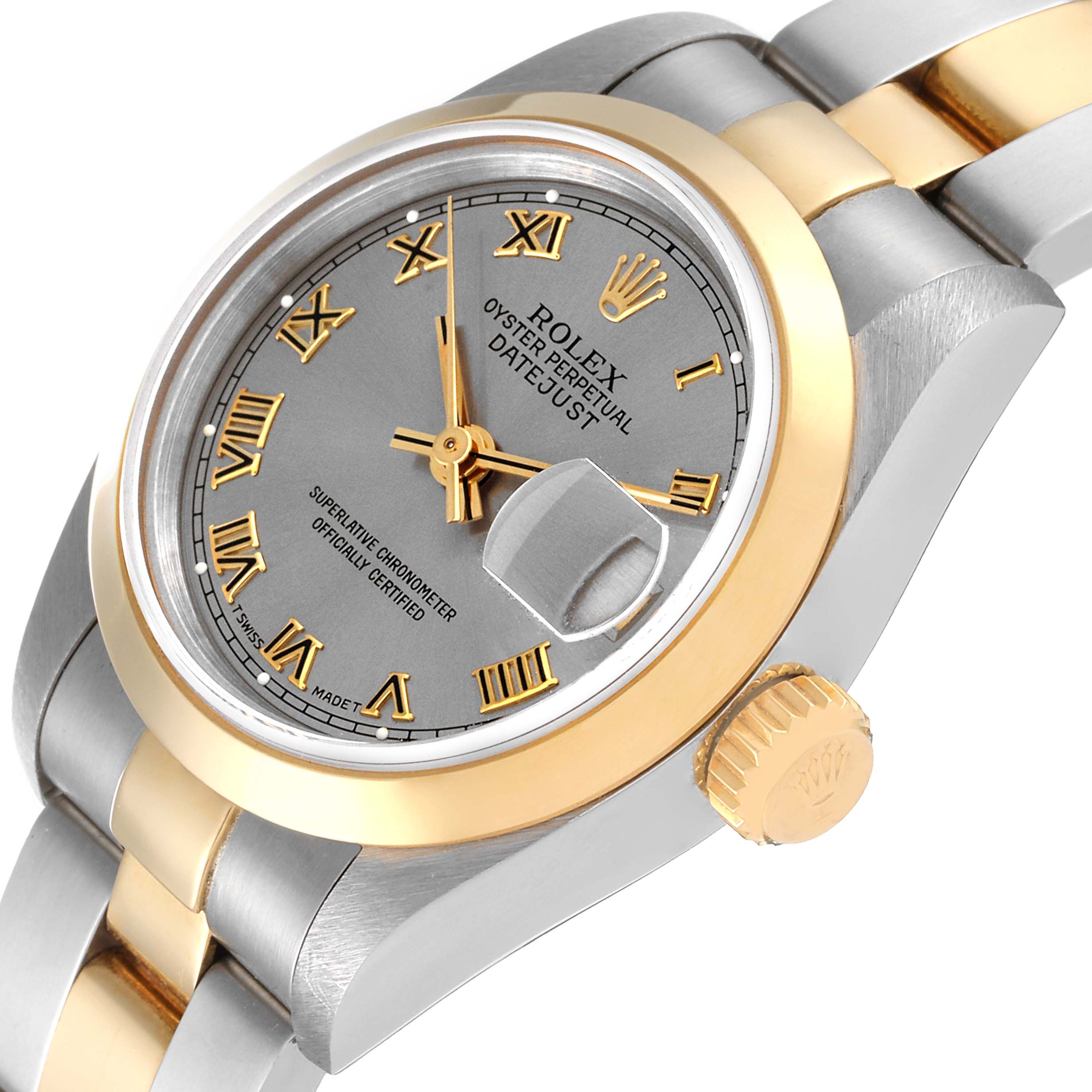 The image shows a Rolex Datejust 69163 Women's Steel and Gold (two tone) Grey Dial 69163 Women's Steel and Gold (two tone) Grey Dial watch at an angled close-up, highlighting its dial, bezel, crown, and part of the bracelet.