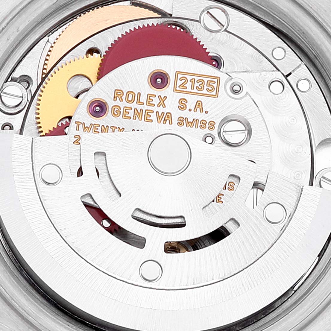 This image shows the internal movement mechanism of a Rolex Datejust 69163 Women's Steel and Gold (two tone) Grey Dial 69163 Women's Steel and Gold (two tone) Grey Dial watch, focusing on the gears and rotor components.