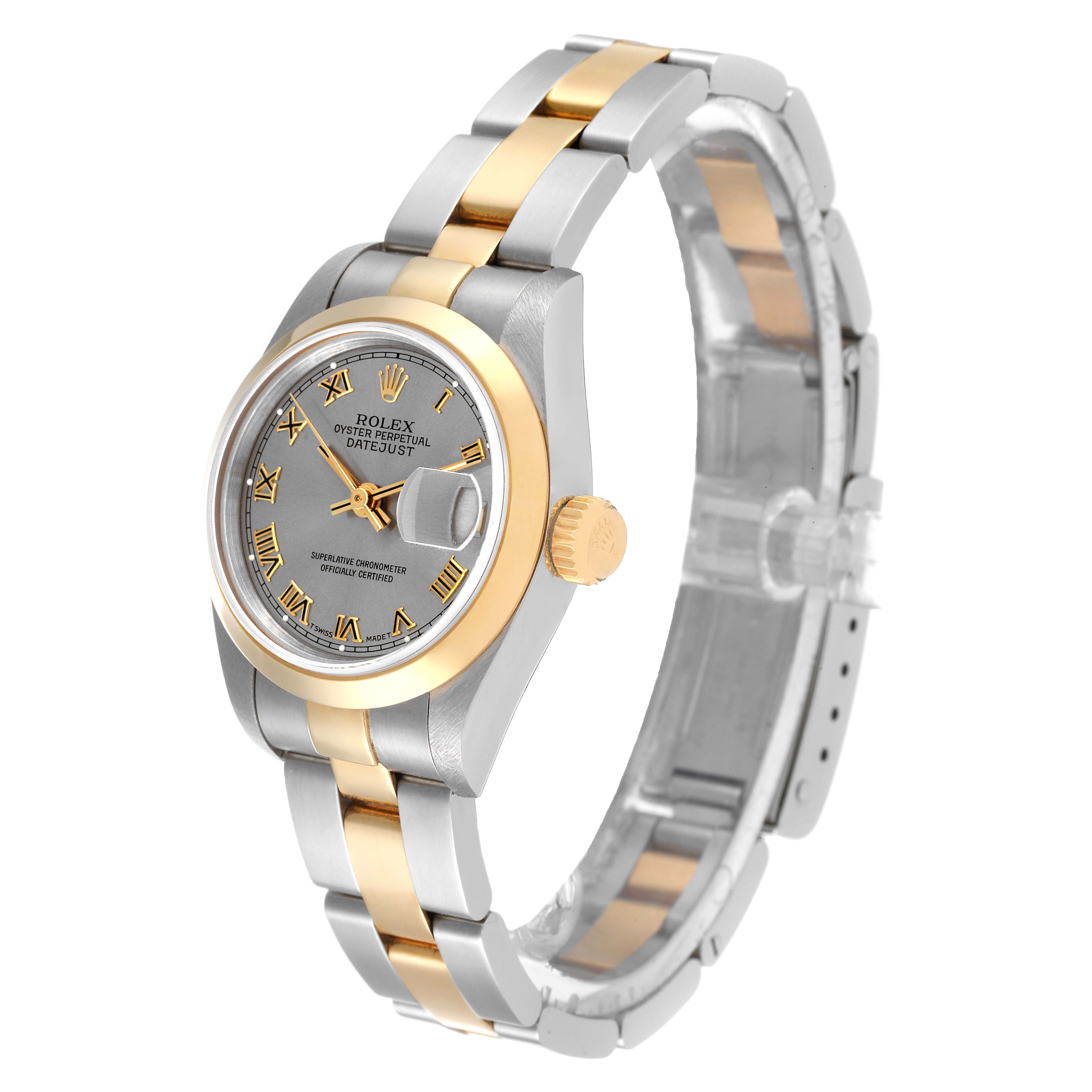 The image shows a Rolex Datejust 69163 Women's Steel and Gold (two tone) Grey Dial 69163 Women's Steel and Gold (two tone) Grey Dial watch from a front-side angle, highlighting its two-tone bracelet, case, and dial.