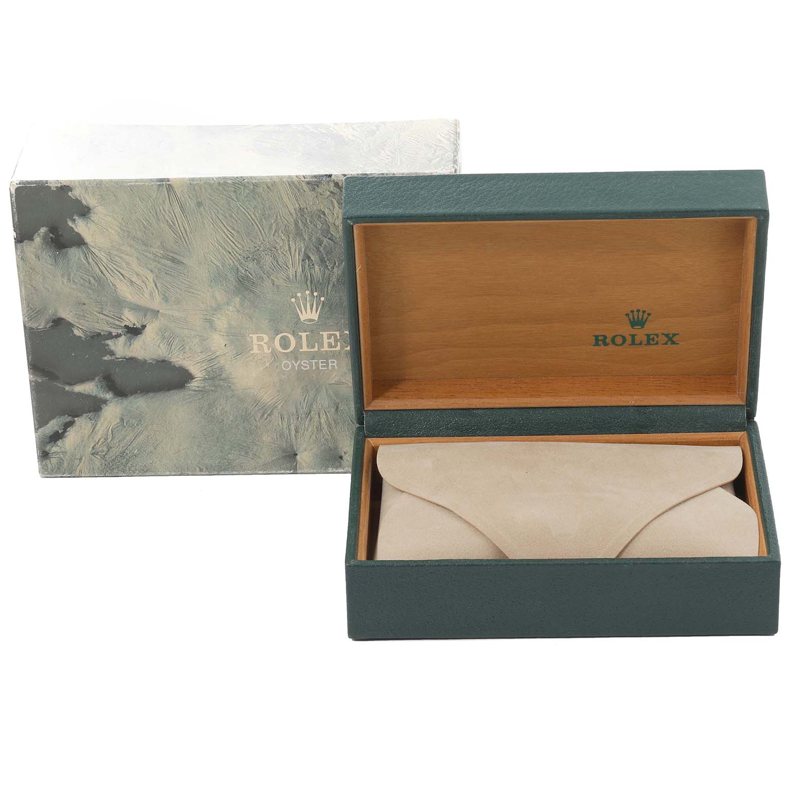 The image shows an open Rolex Vintage Collection 16013 Men's Steel and Gold (two tone) White Dial 16013 Men's Steel and Gold (two tone) White Dial box and a closed watch pouch inside, with an outer box behind.