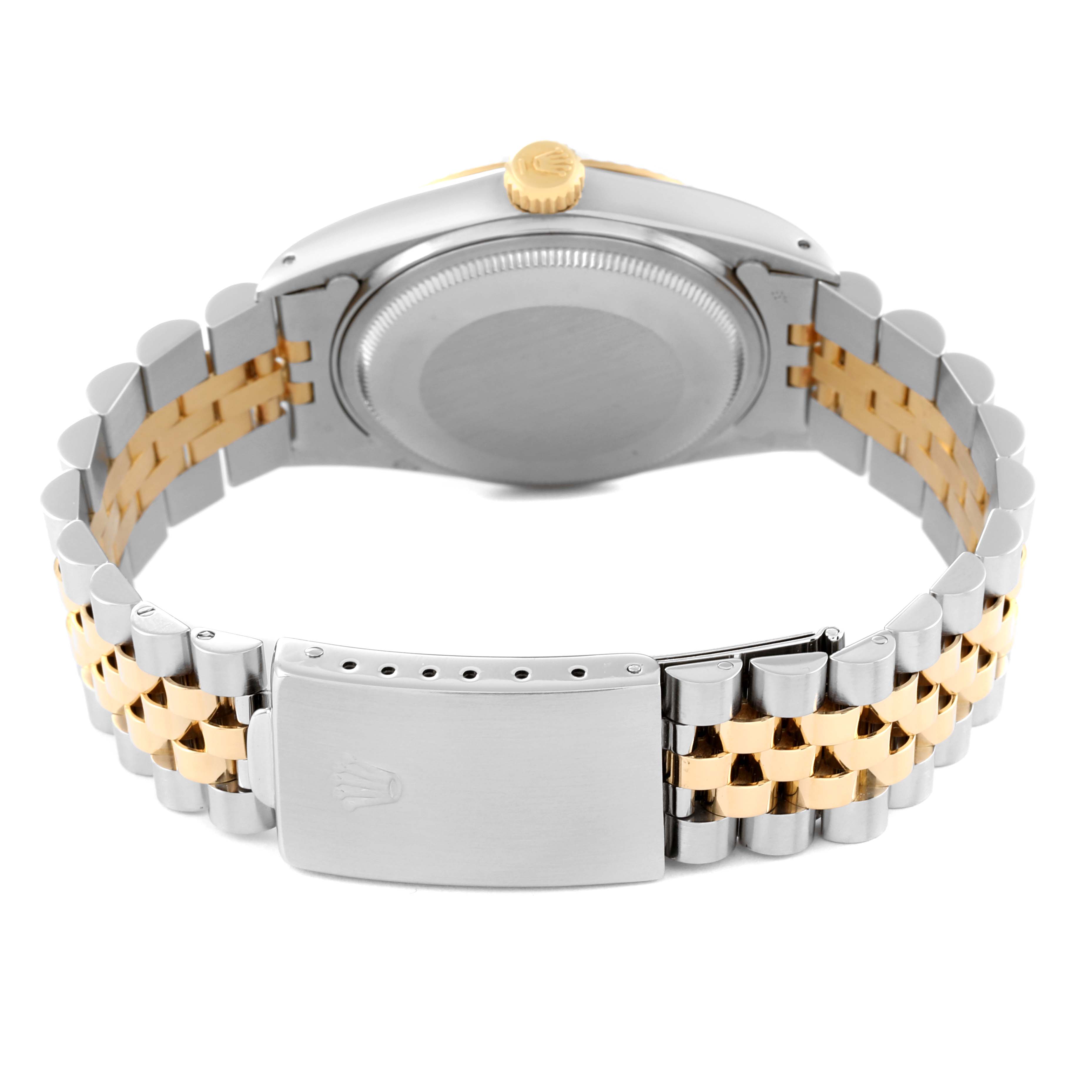 The image shows the back of the Rolex Vintage Collection 16013 Men's Steel and Gold (two tone) White Dial 16013 Men's Steel and Gold (two tone) White Dial watch, highlighting its case, crown, and two-tone bracelet with clasp.