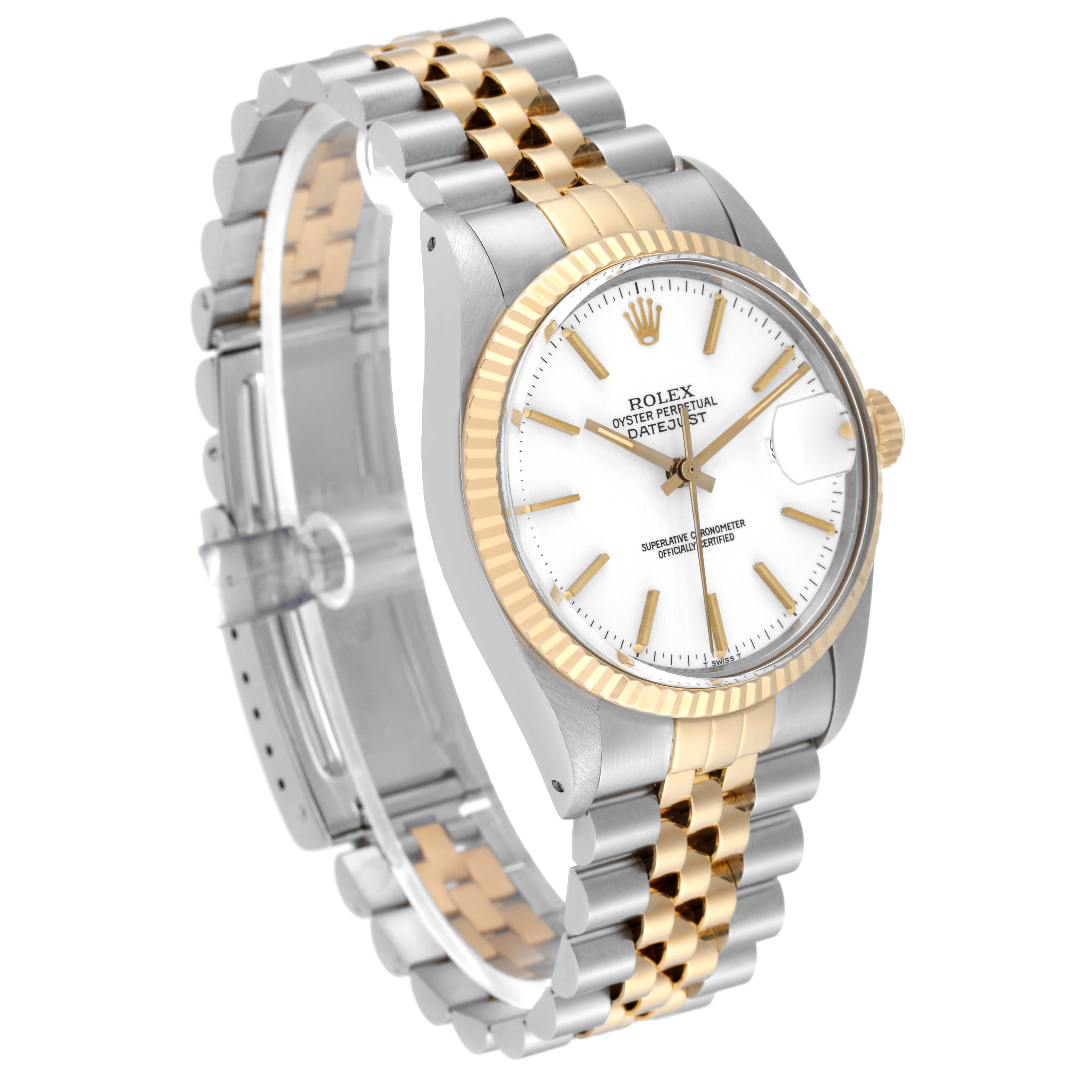 The Rolex Vintage Collection 16013 Men's Steel and Gold (two tone) White Dial 16013 Men's Steel and Gold (two tone) White Dial model watch is shown at an angle, showcasing its face, bracelet, and crown.
