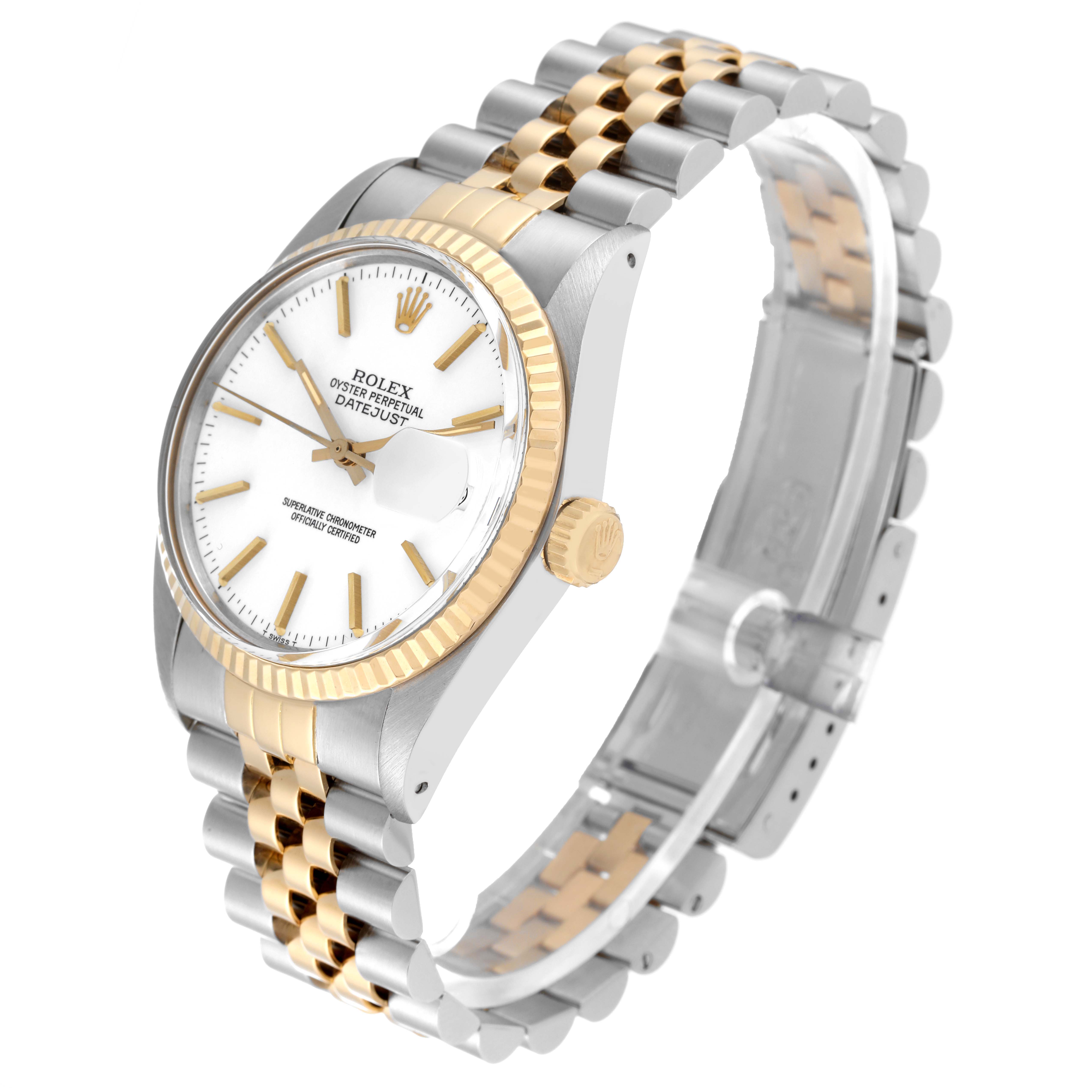 The image shows a Rolex Vintage Collection 16013 Men's Steel and Gold (two tone) White Dial 16013 Men's Steel and Gold (two tone) White Dial Datejust watch from a slight side angle, highlighting the watch face, bezel, and two-tone bracelet.