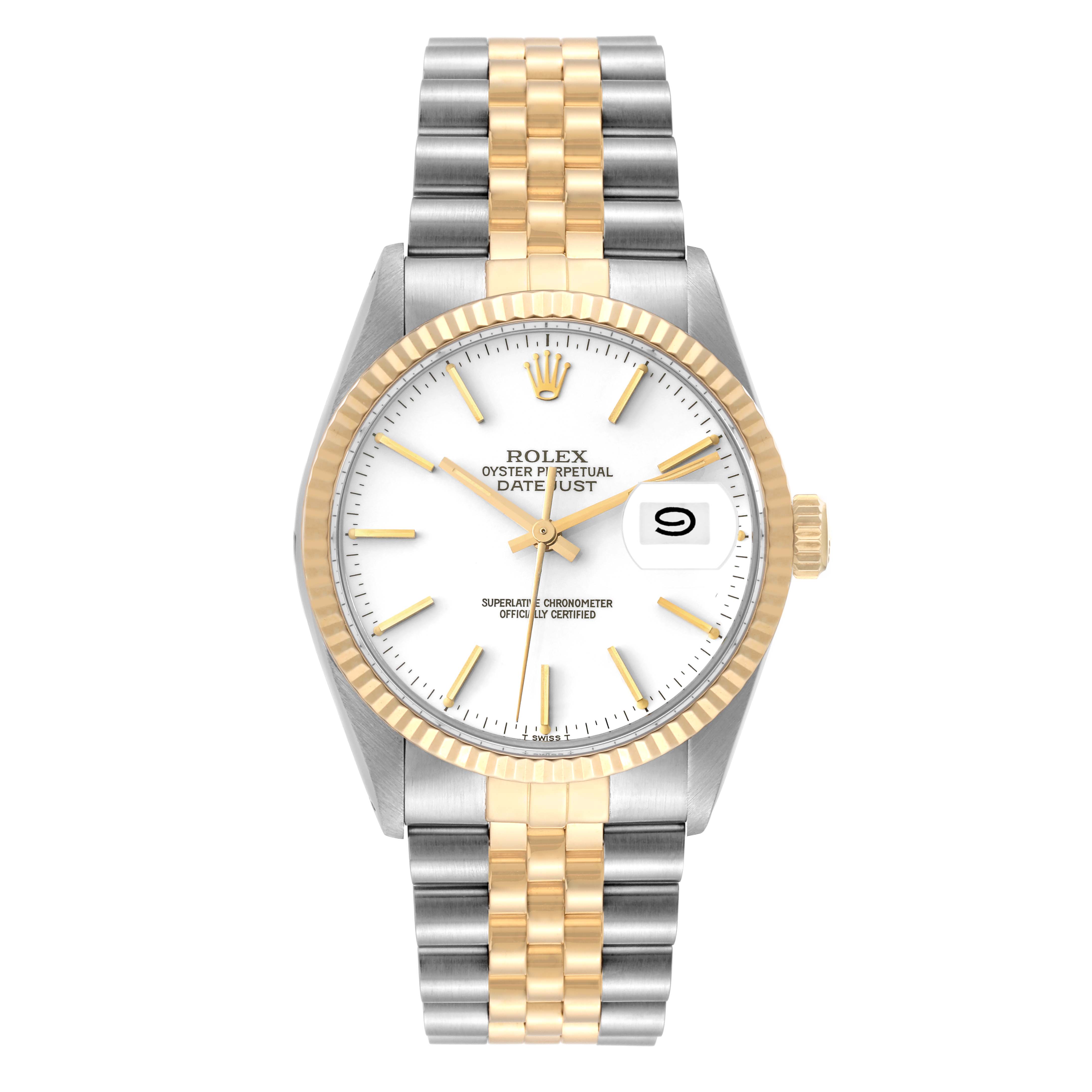 This image shows a front view of a Rolex Vintage Collection 16013 Men's Steel and Gold (two tone) White Dial 16013 Men's Steel and Gold (two tone) White Dial Oyster Perpetual Datejust watch, featuring a two-tone bracelet and bezel.