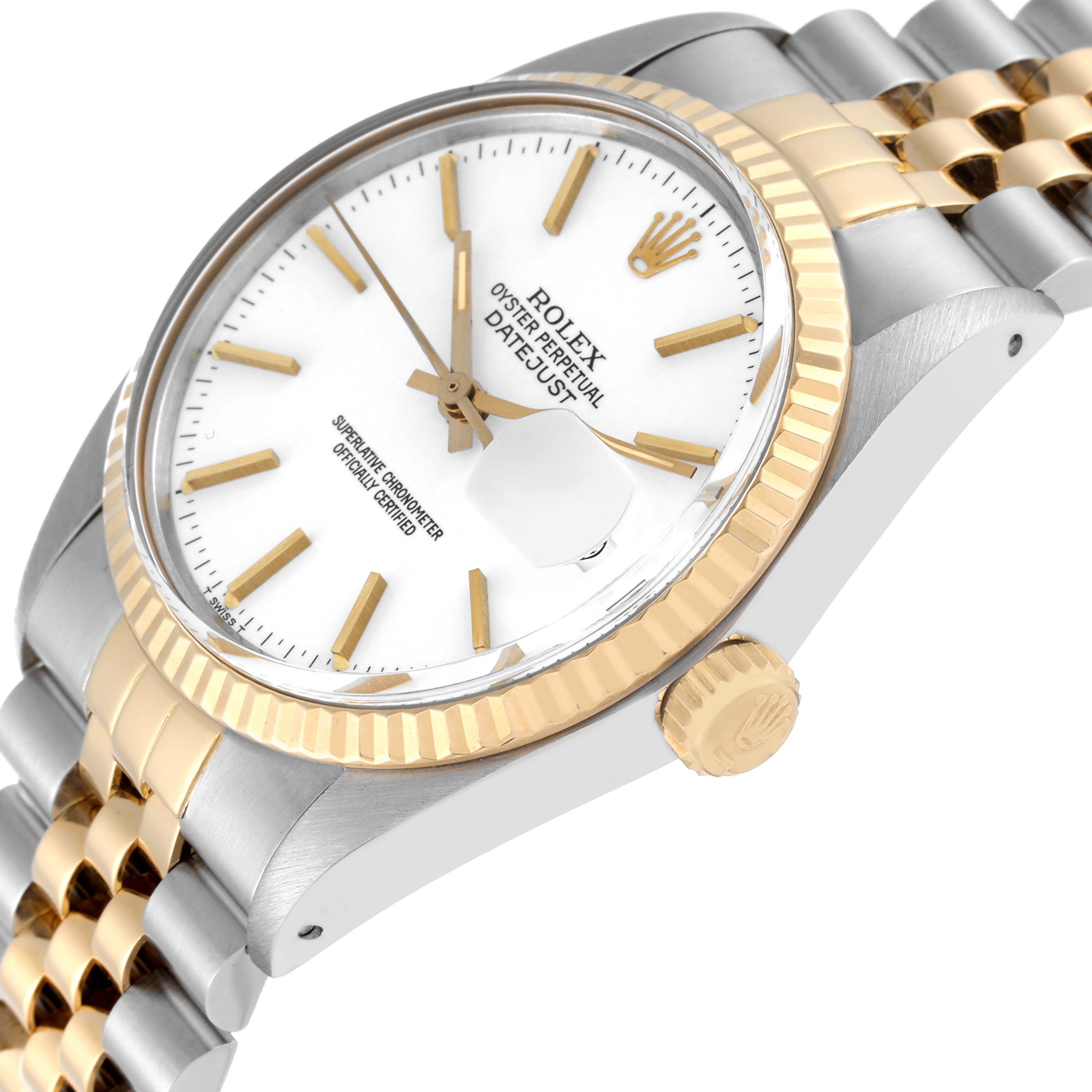 This is a close-up angled view of the Rolex Vintage Collection 16013 Men's Steel and Gold (two tone) White Dial 16013 Men's Steel and Gold (two tone) White Dial Datejust, showing the watch face, bezel, crown, and part of the bracelet.