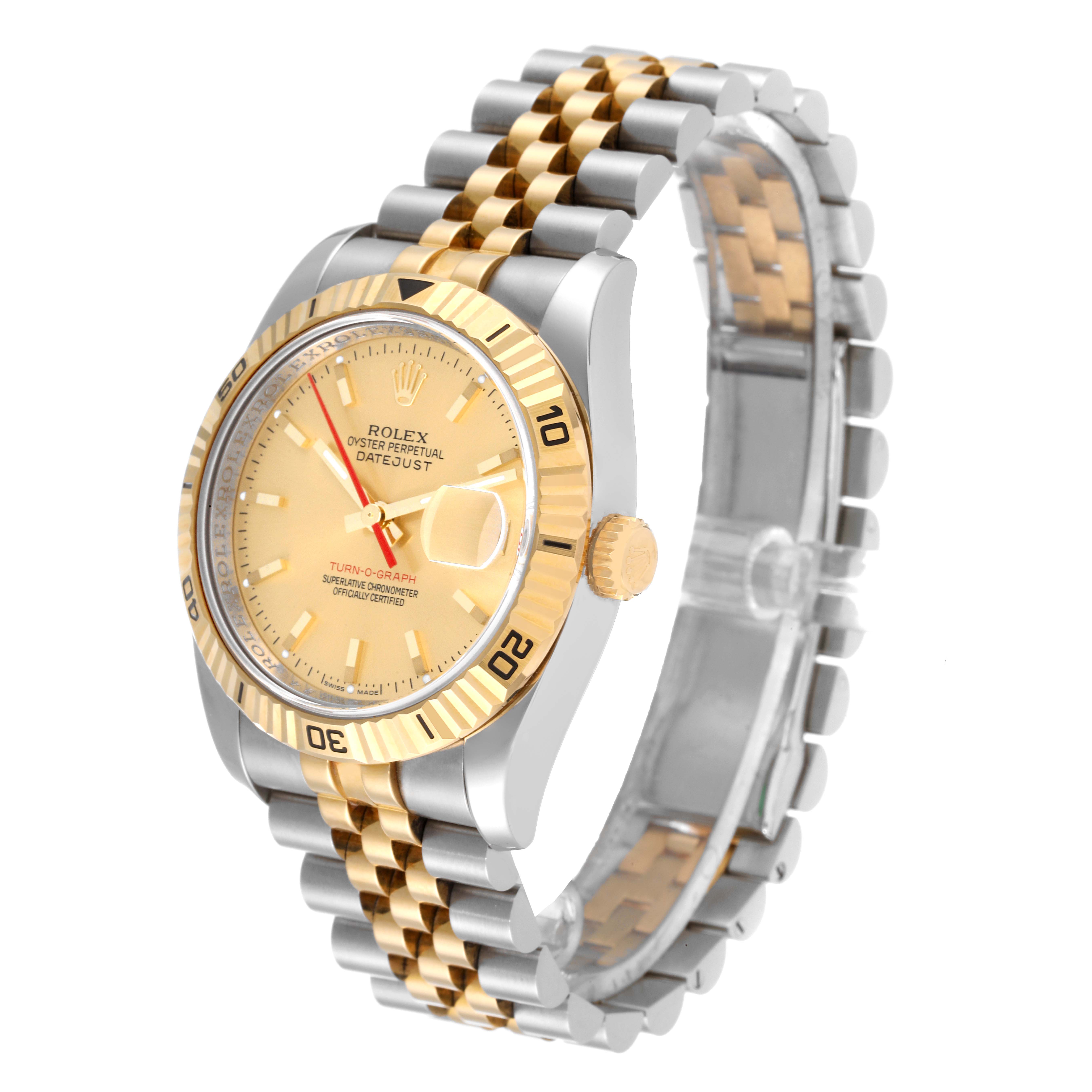 The image shows a Rolex Turn-o-Graph 116263 Men's Steel and Gold (two tone) Champagne Dial 116263 Men's Steel and Gold (two tone) Champagne Dial watch at a three-quarter angle, displaying the face, bezel, crown, and bracelet.