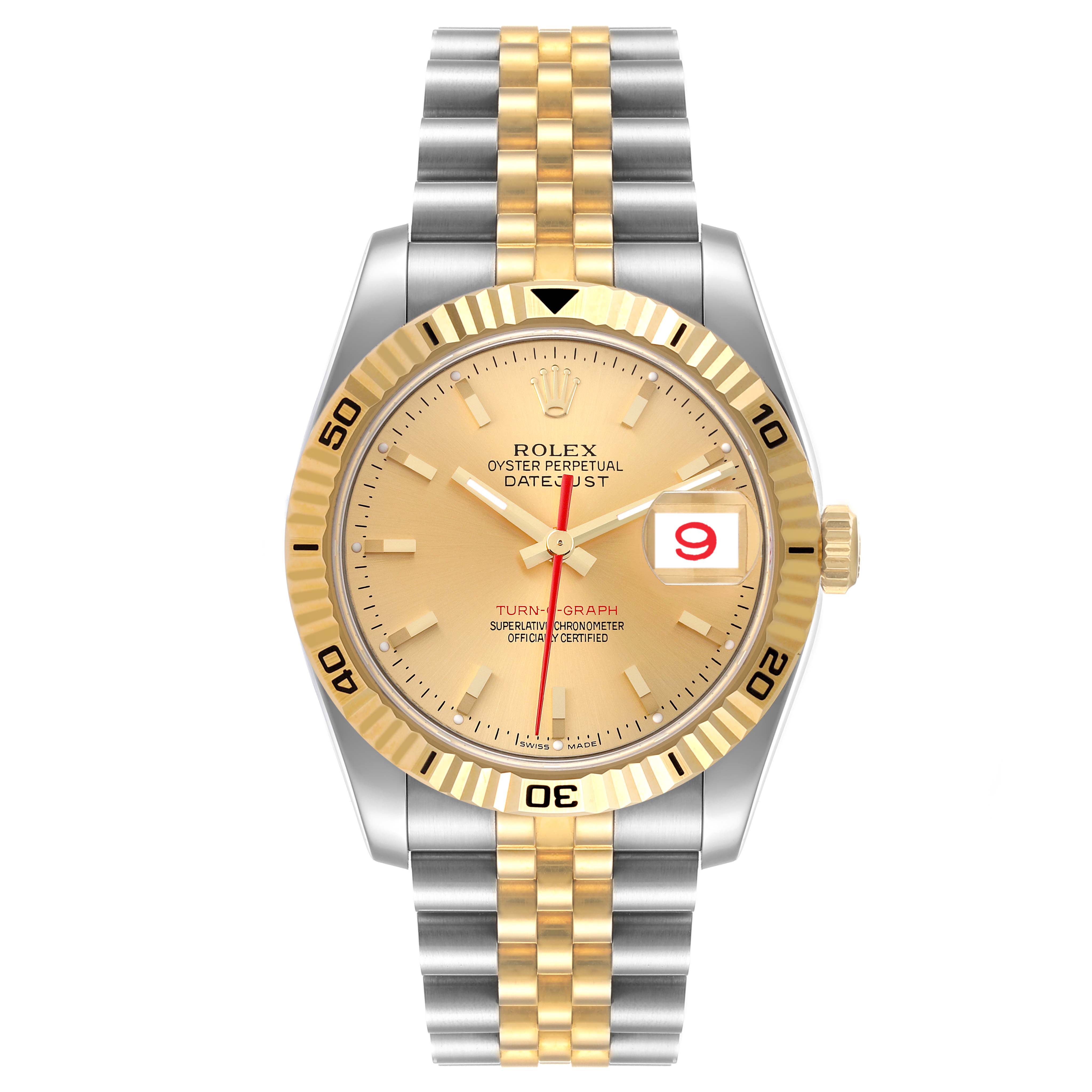 This image shows a Rolex Turn-o-Graph 116263 Men's Steel and Gold (two tone) Champagne Dial 116263 Men's Steel and Gold (two tone) Champagne Dial watch from a front angle, featuring a two-tone metal bracelet and a gold dial with a date window.