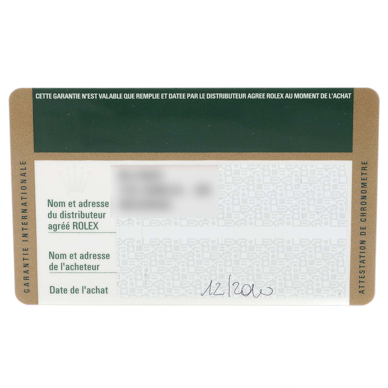 This image shows the warranty card for a Rolex Turn-o-Graph 116263 Men's Steel and Gold (two tone) Champagne Dial 116263 Men's Steel and Gold (two tone) Champagne Dial watch.