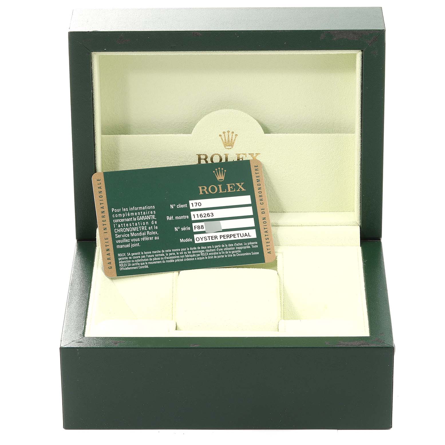 The image shows an open Rolex Turn-o-Graph 116263 Men's Steel and Gold (two tone) Champagne Dial 116263 Men's Steel and Gold (two tone) Champagne Dial watch box with an authenticity card inside.