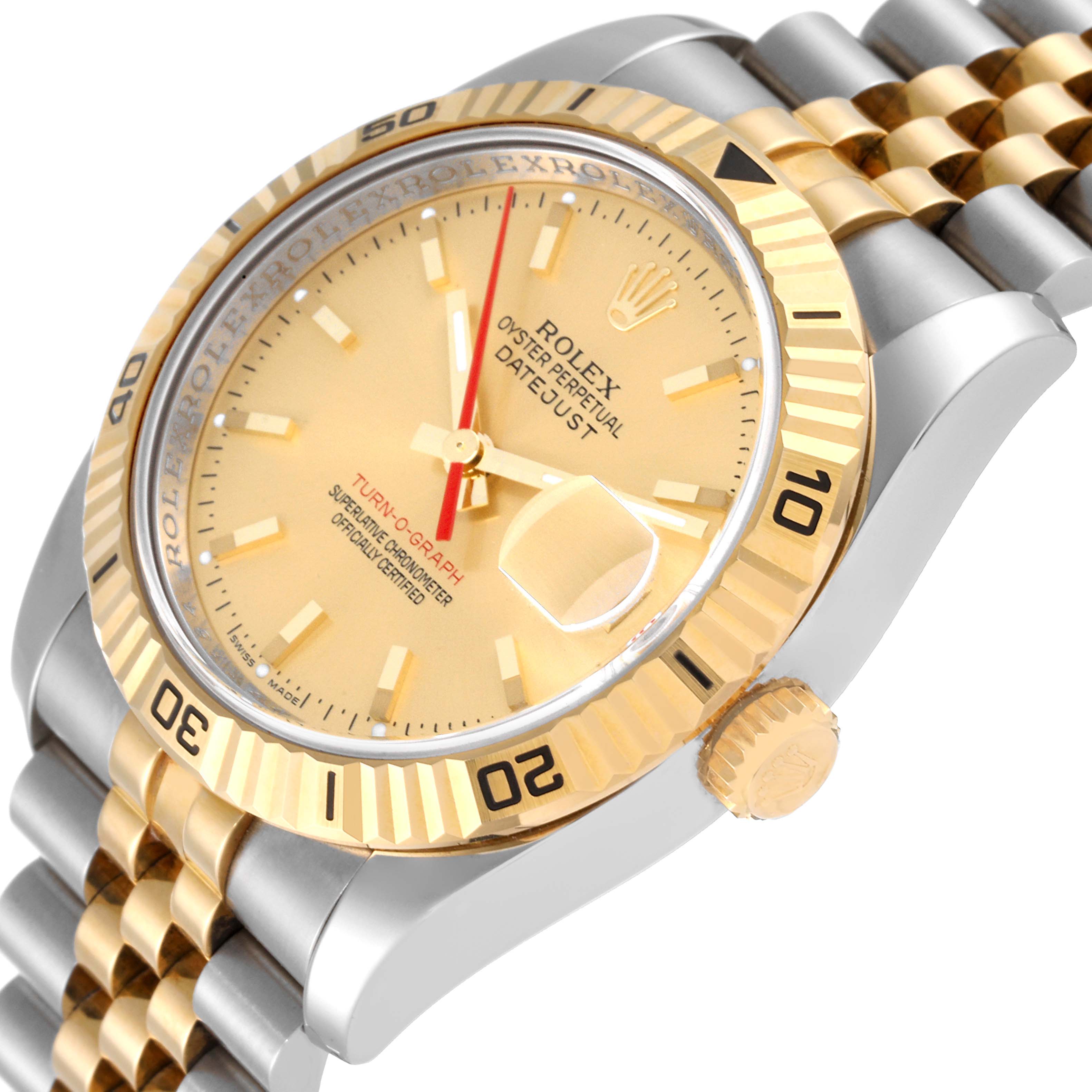 The image shows a side-angle view of the Rolex Turn-o-Graph 116263 Men's Steel and Gold (two tone) Champagne Dial 116263 Men's Steel and Gold (two tone) Champagne Dial watch highlighting the dial, bezel, crown, and part of the bracelet.