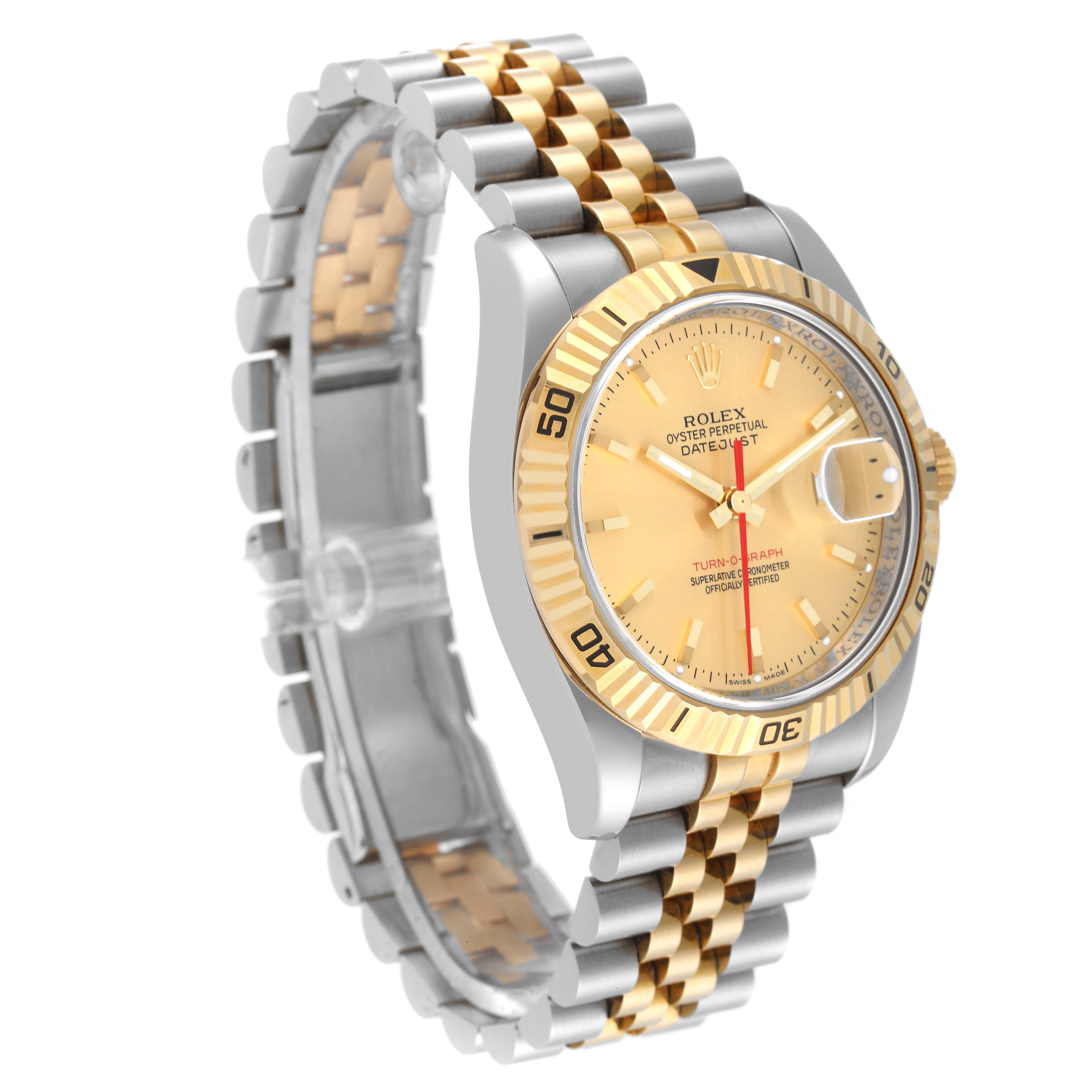 The image shows a side angle view of a Rolex Turn-o-Graph 116263 Men's Steel and Gold (two tone) Champagne Dial 116263 Men's Steel and Gold (two tone) Champagne Dial watch featuring its two-tone bracelet and detailed face.