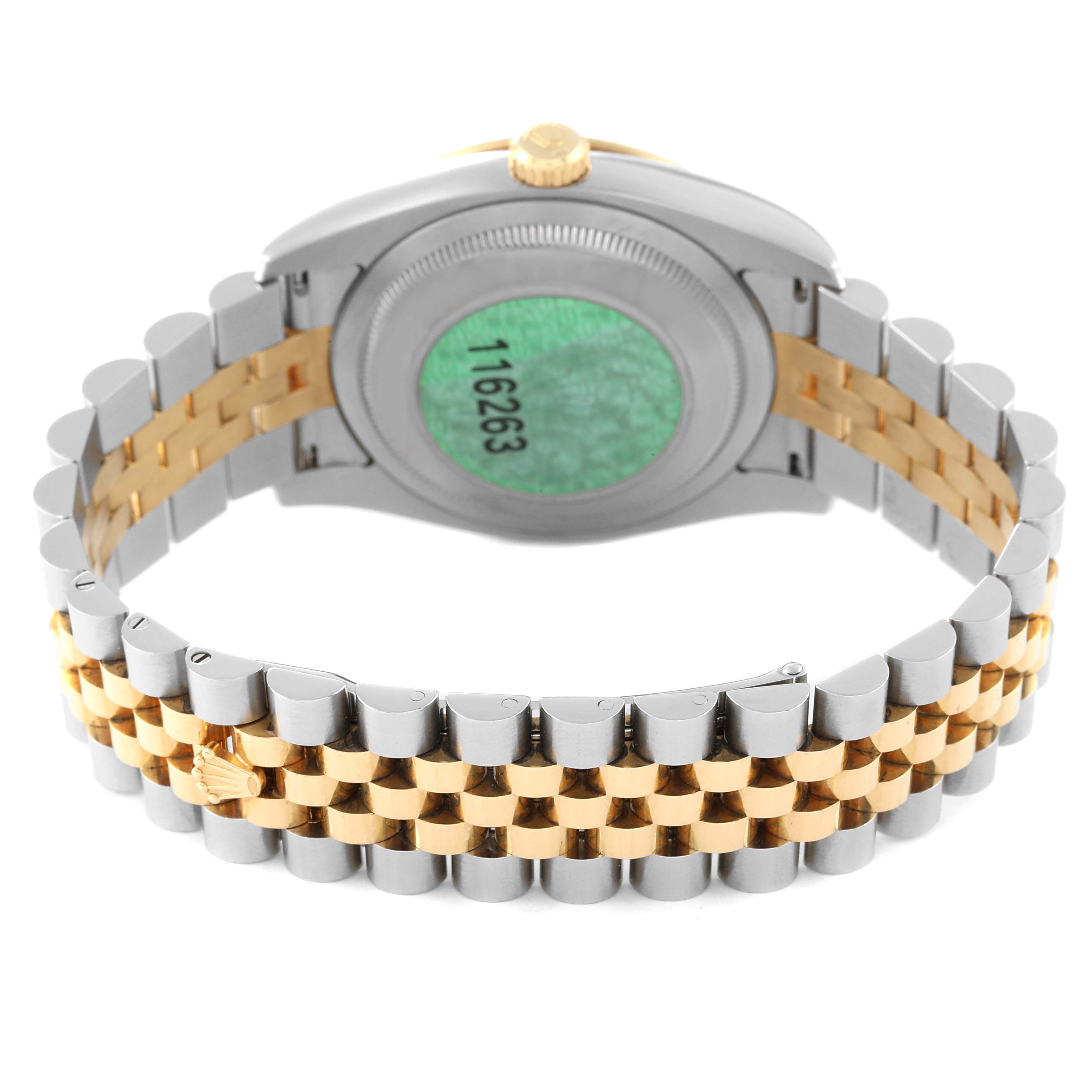 This image shows the back view of the Rolex Turn-o-Graph 116263 Men's Steel and Gold (two tone) Champagne Dial 116263 Men's Steel and Gold (two tone) Champagne Dial watch, focusing on the case back and bi-metal bracelet.