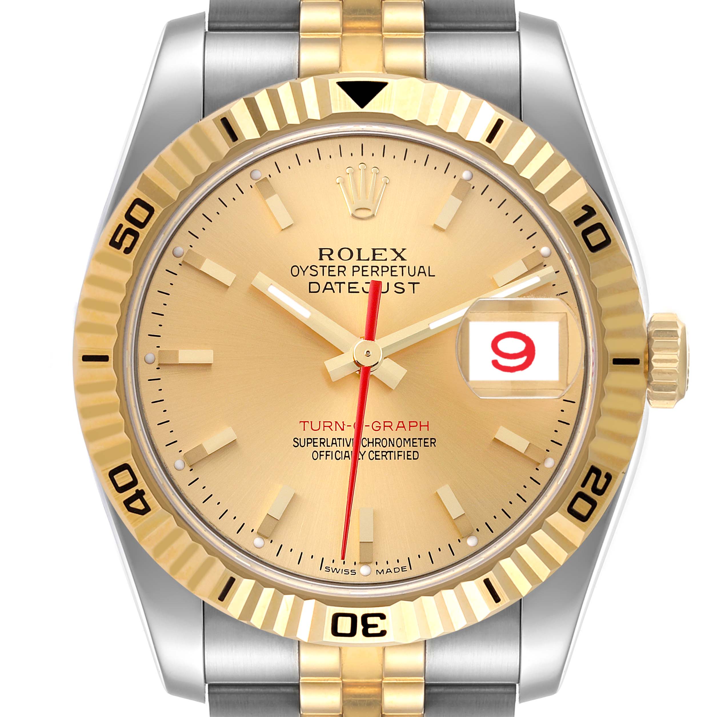 The image shows a frontal view of a Rolex Turn-o-Graph 116263 Men's Steel and Gold (two tone) Champagne Dial 116263 Men's Steel and Gold (two tone) Champagne Dial watch, featuring its dial, bezel, and part of the bracelet.