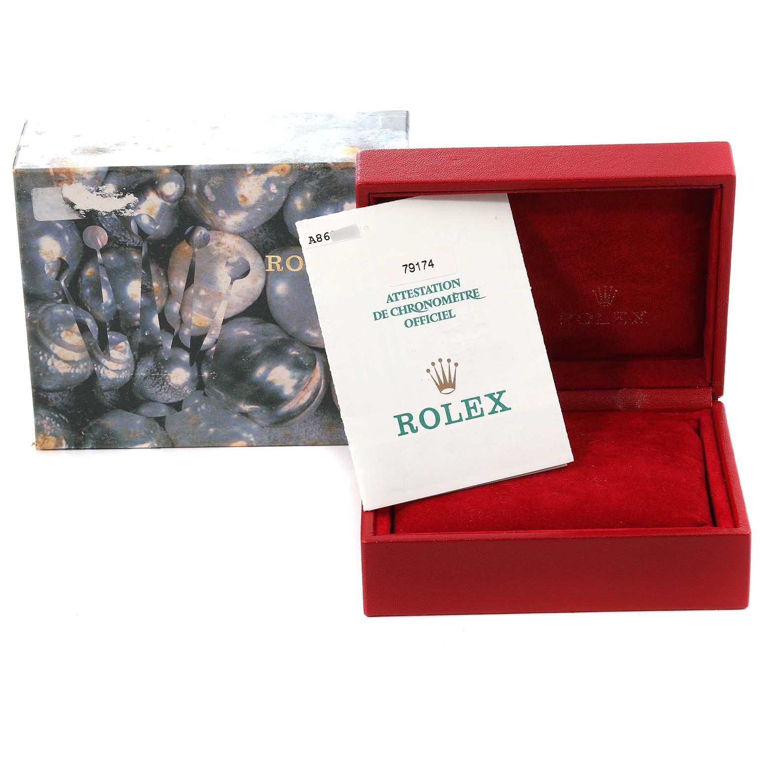 The image shows the packaging and documentation for a Rolex Datejust 79174 Women's Stainless Steel Silver Dial 79174 Women's Stainless Steel Silver Dial model watch, including a box and a certificate.
