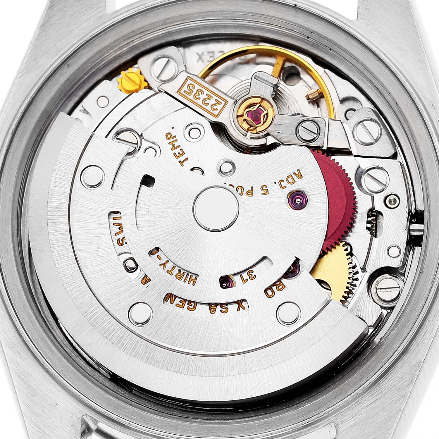 The image shows the internal movement mechanism of the Rolex Datejust 79174 Women's Stainless Steel Silver Dial 79174 Women's Stainless Steel Silver Dial watch viewed from the back.
