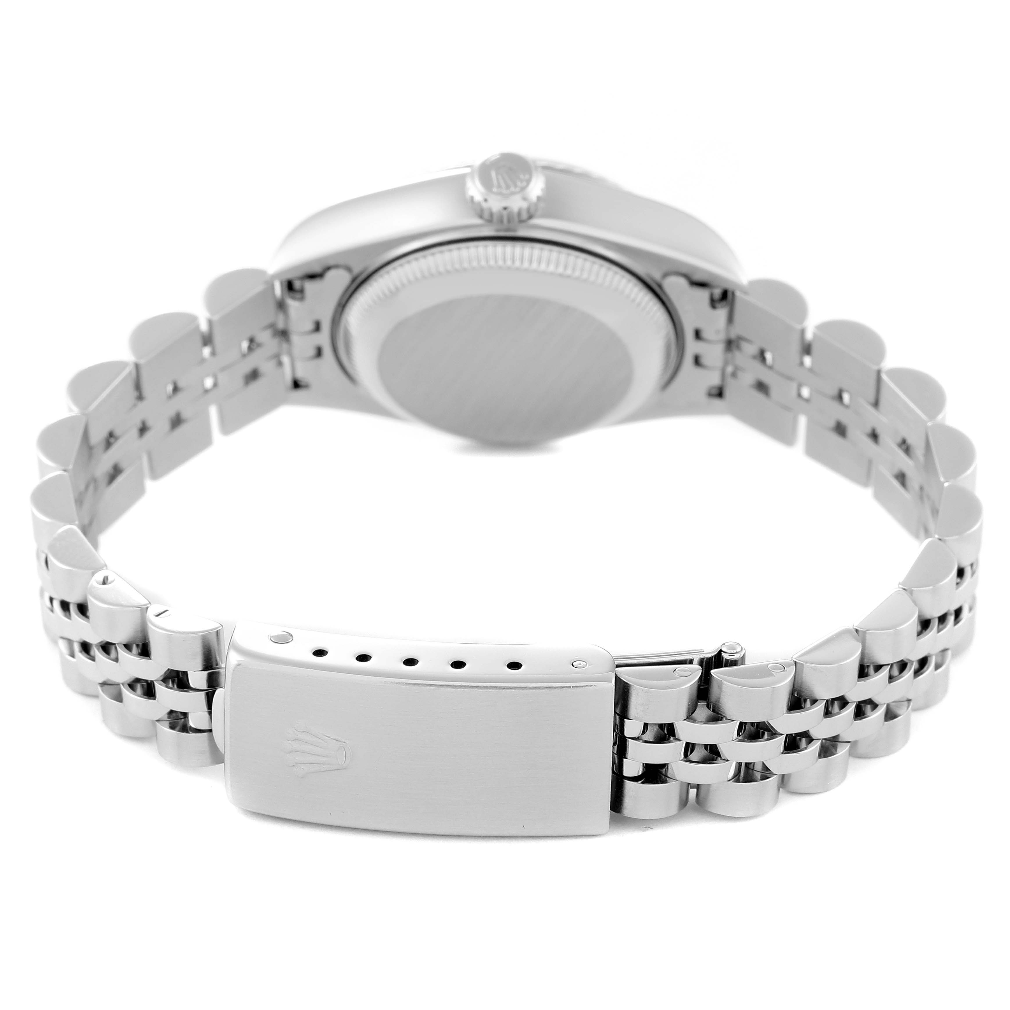 This image shows the back of a Rolex Datejust 79174 Women's Stainless Steel Silver Dial 79174 Women's Stainless Steel Silver Dial watch, highlighting the bracelet and clasp.