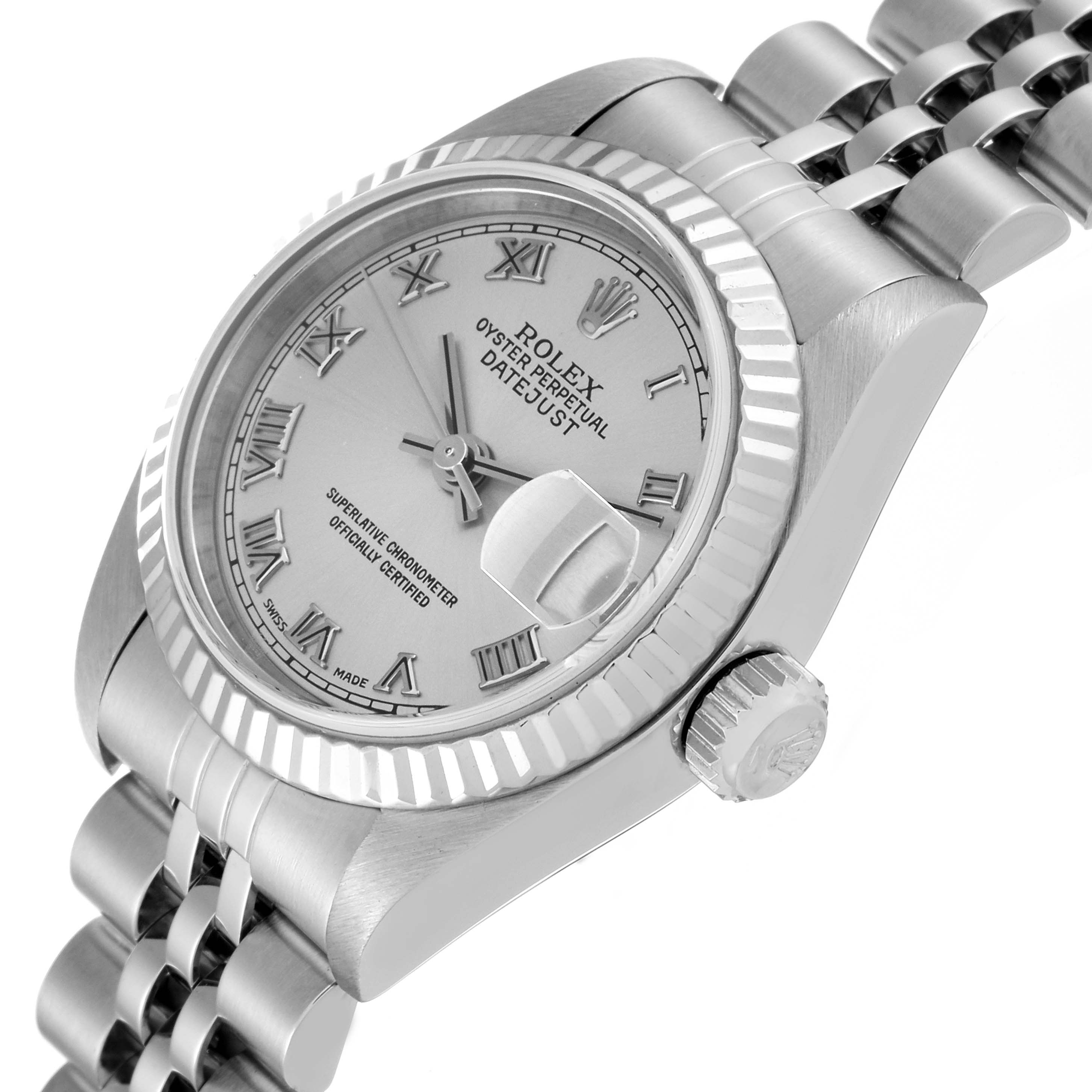 This image shows a close-up angle of the Rolex Datejust 79174 Women's Stainless Steel Silver Dial 79174 Women's Stainless Steel Silver Dial watch, focusing on the dial, crown, and part of the bracelet.
