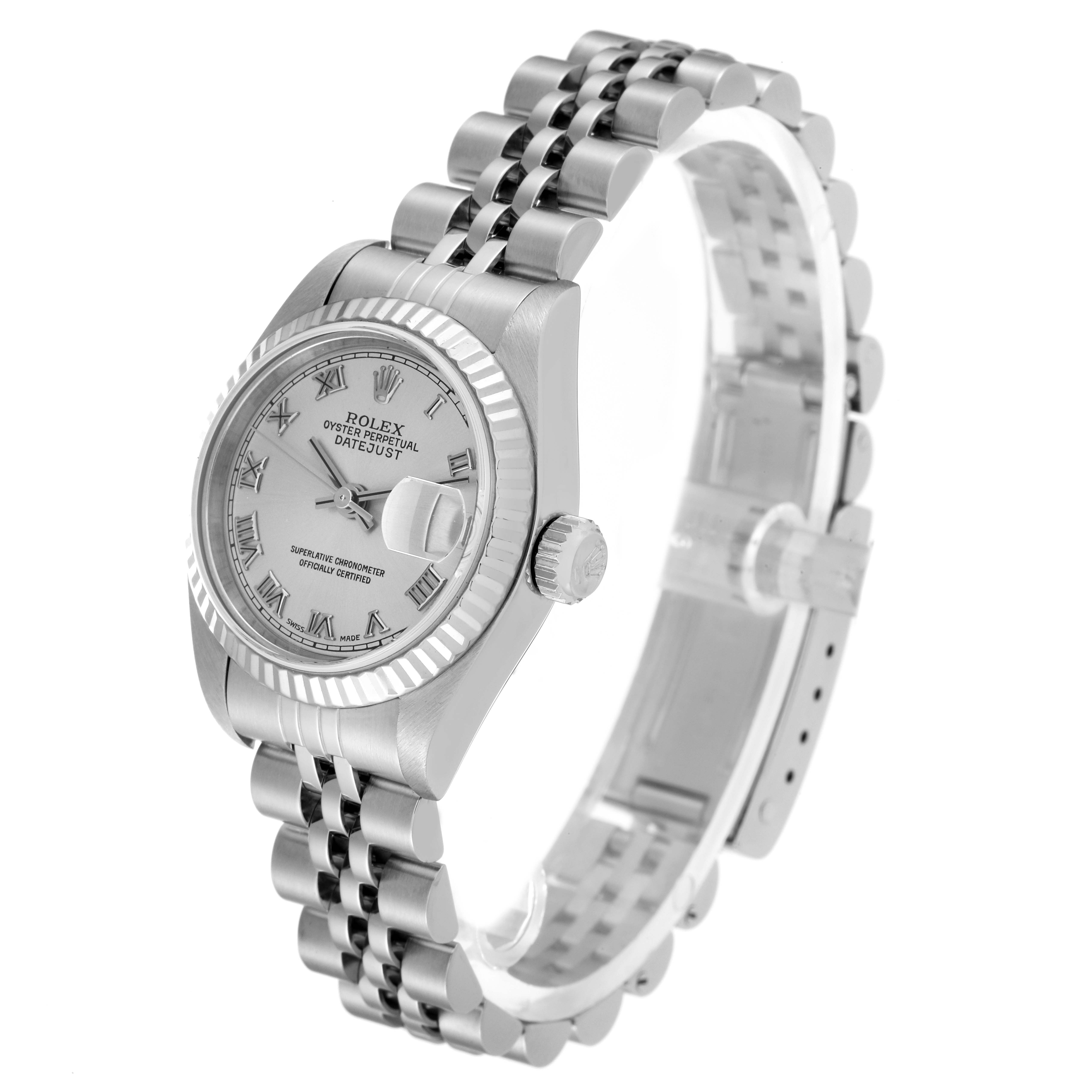 This Rolex Datejust 79174 Women's Stainless Steel Silver Dial 79174 Women's Stainless Steel Silver Dial watch is shown at a three-quarter angle, displaying the face, bracelet, case, and crown.