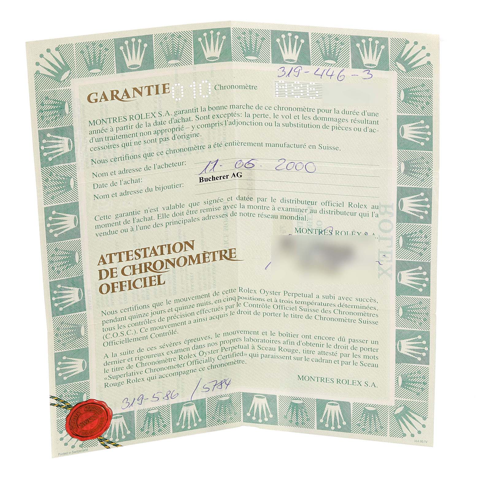 The image shows a warranty and chronometer certificate for a Rolex Datejust 79174 Women's Stainless Steel Silver Dial 79174 Women's Stainless Steel Silver Dial watch, displaying details of purchase.