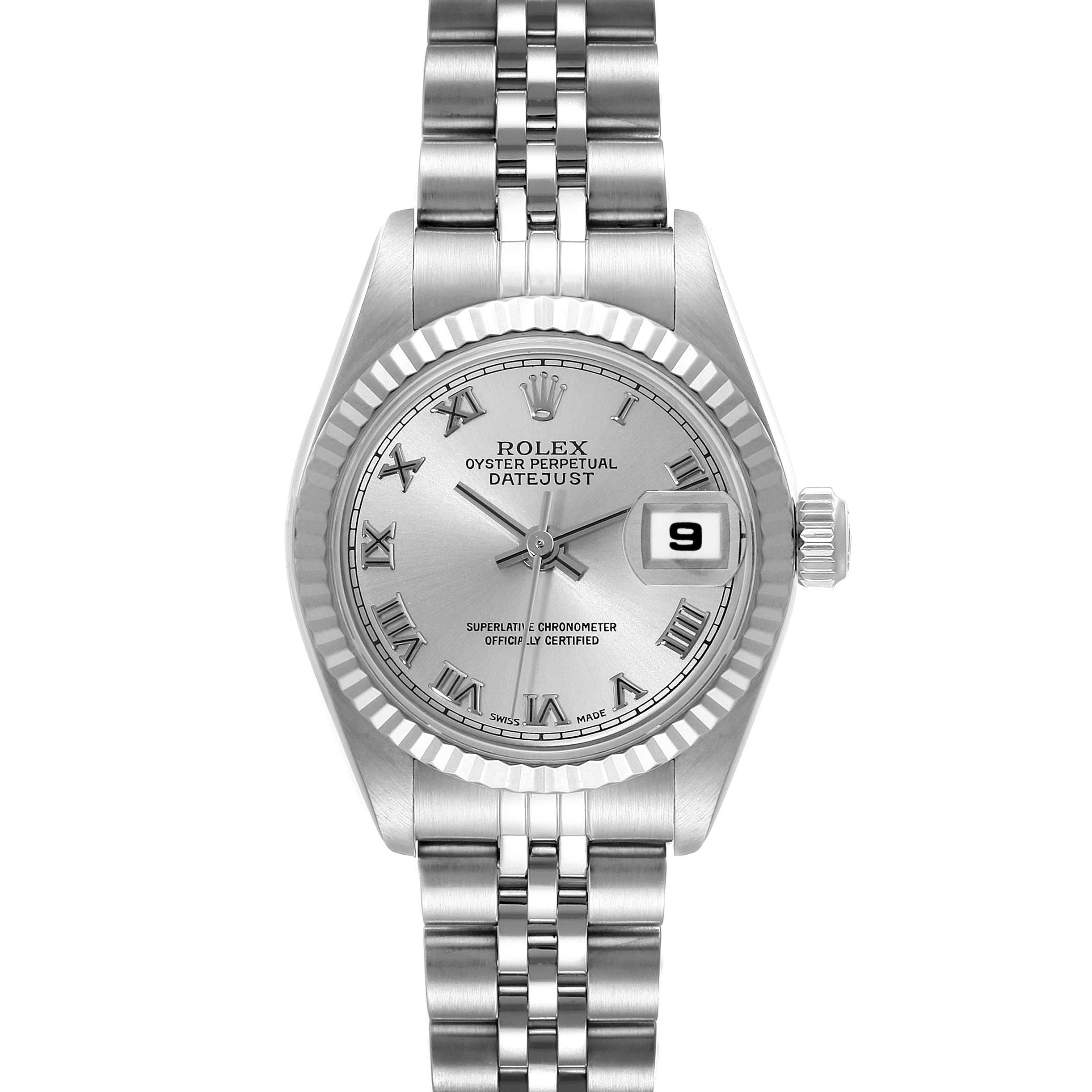 This image shows a front view of a Rolex Datejust 79174 Women's Stainless Steel Silver Dial 79174 Women's Stainless Steel Silver Dial watch, highlighting the dial, bezel, bracelet, and date window.