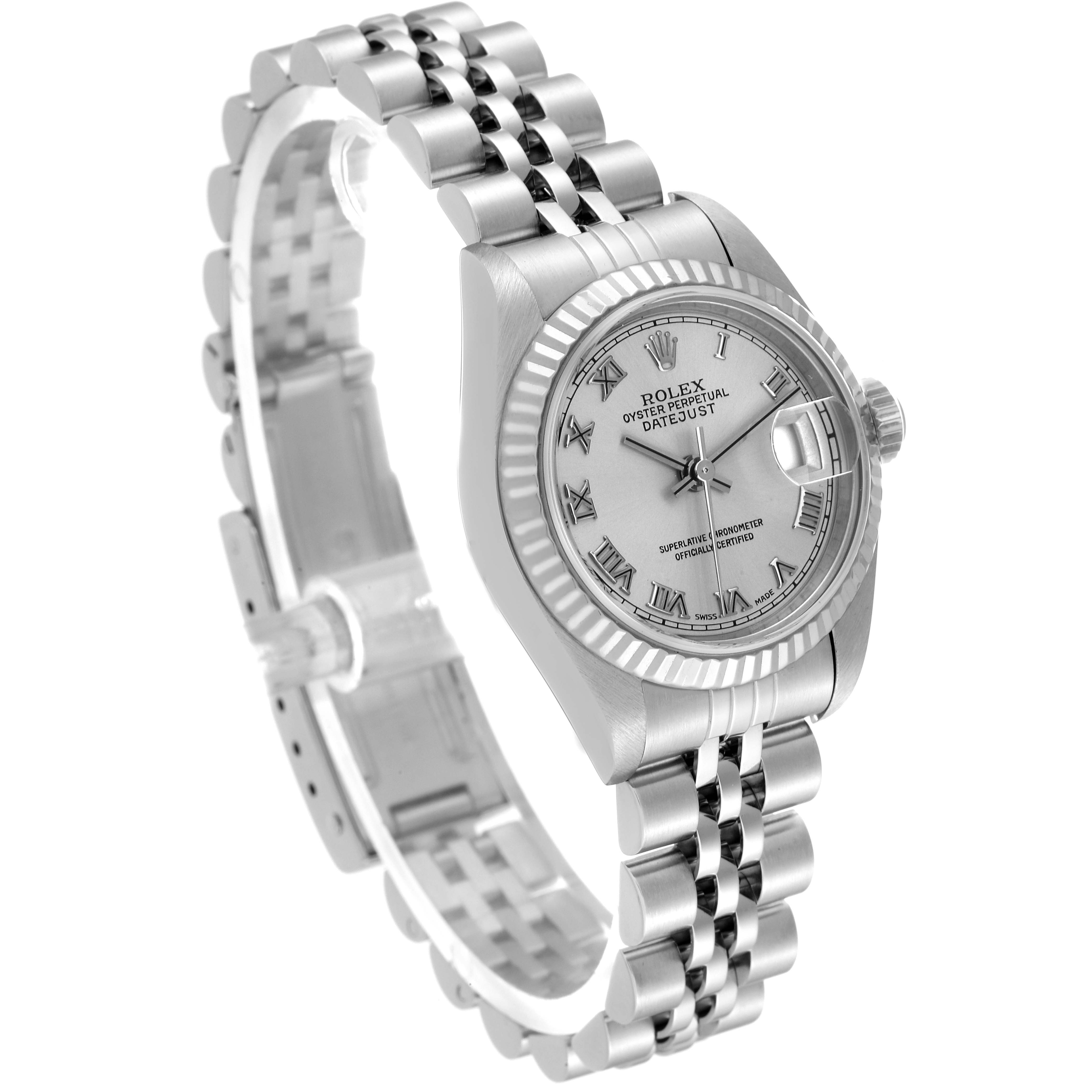 The image shows a Rolex Datejust 79174 Women's Stainless Steel Silver Dial 79174 Women's Stainless Steel Silver Dial watch at an angled view, highlighting the face, bezel, bracelet, and crown.