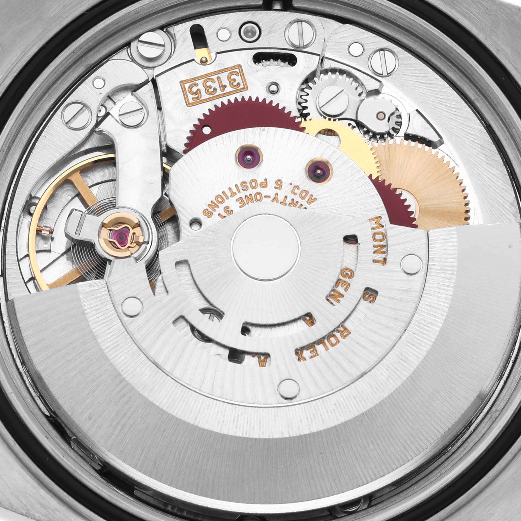 The image shows the Rolex Datejust 16233 Men
s Steel and Gold (two tone) White Dial 16233 Men
s Steel and Gold (two tone) White Dial movement
s intricate inner mechanism from a direct, top-down angle.