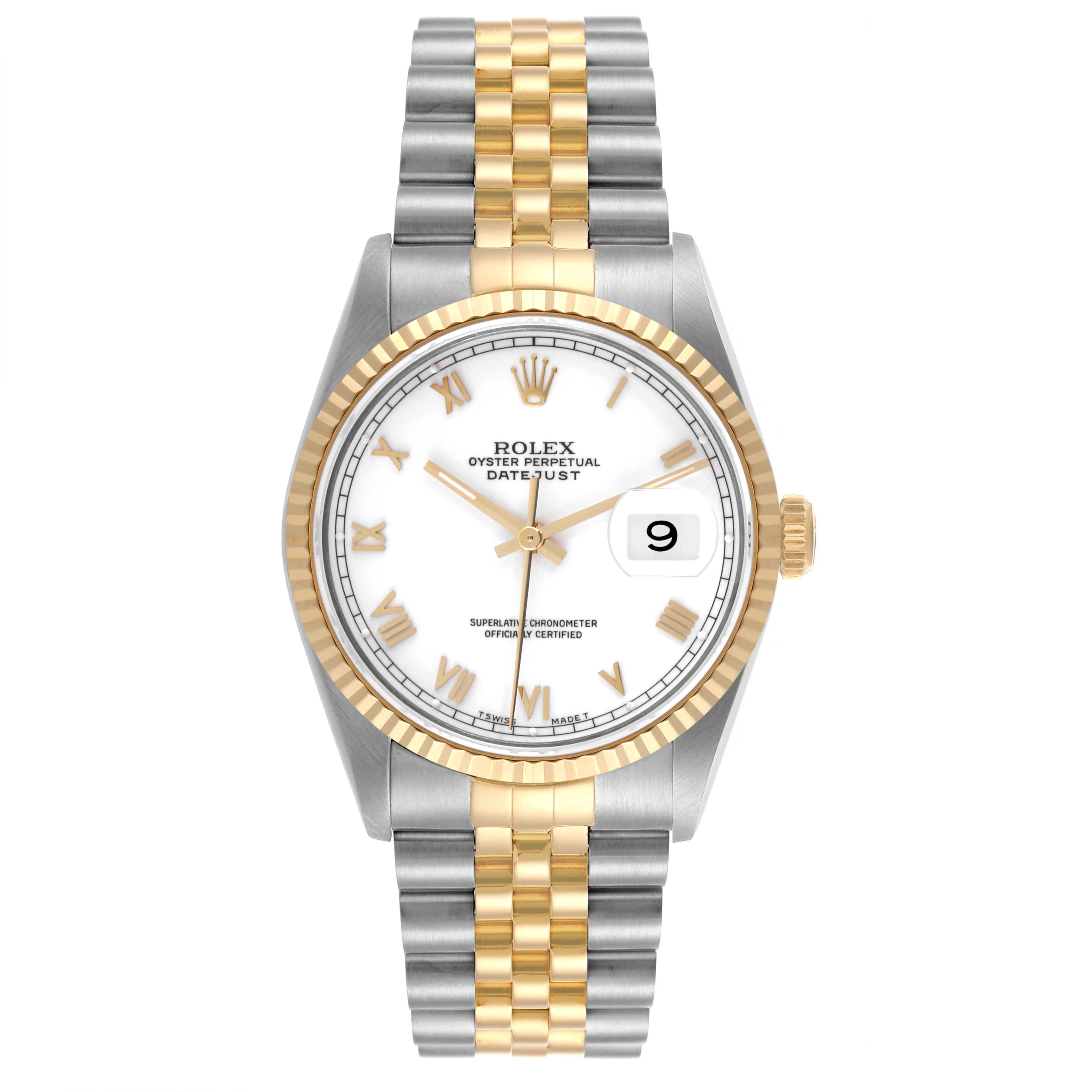 The Rolex Datejust 16233 Men
s Steel and Gold (two tone) White Dial 16233 Men
s Steel and Gold (two tone) White Dial is shown from a front angle, highlighting the dial, bezel, and two-tone bracelet.