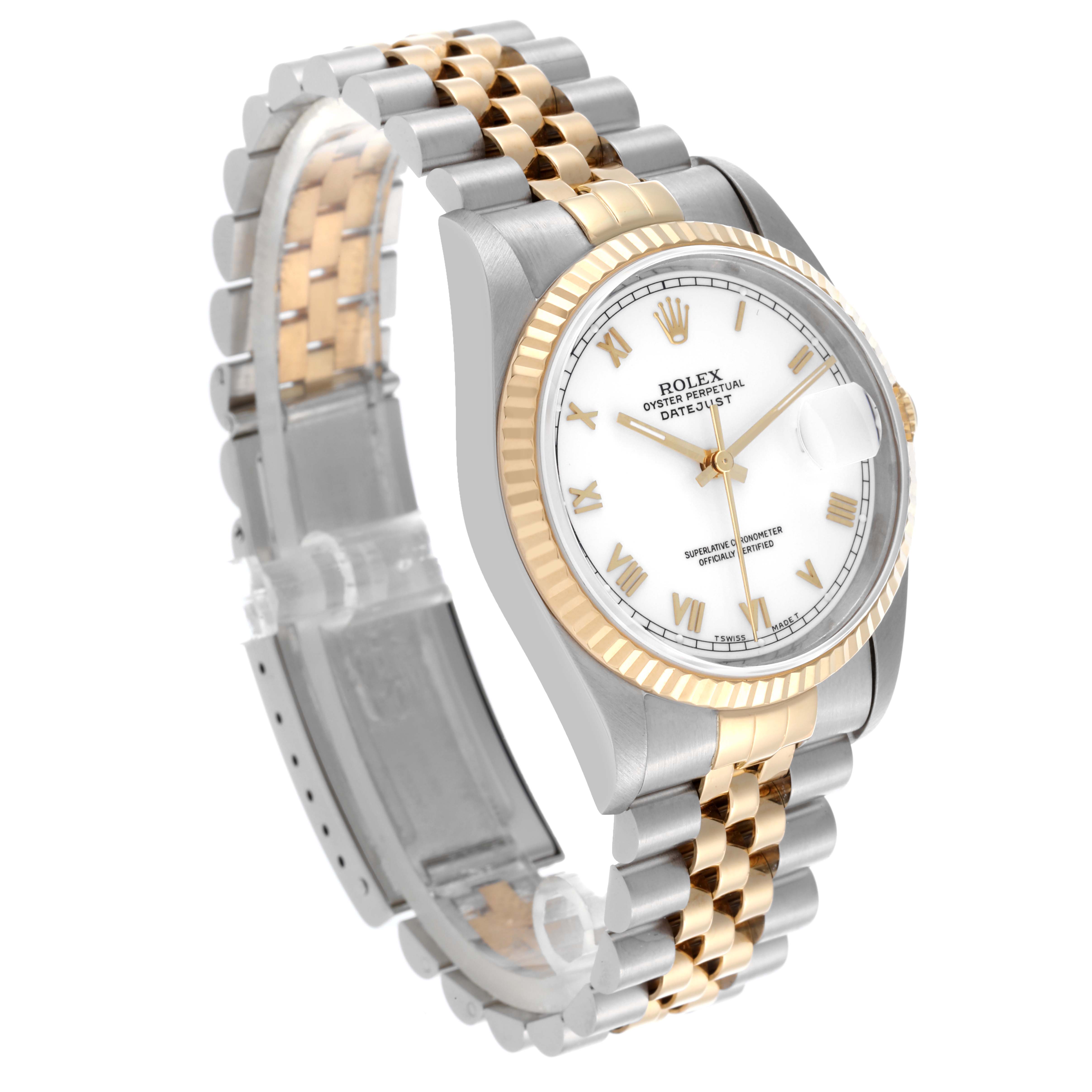 The Rolex Datejust 16233 Men
s Steel and Gold (two tone) White Dial 16233 Men
s Steel and Gold (two tone) White Dial is shown at a three-quarter angle, highlighting the dial, bezel, and two-tone bracelet.