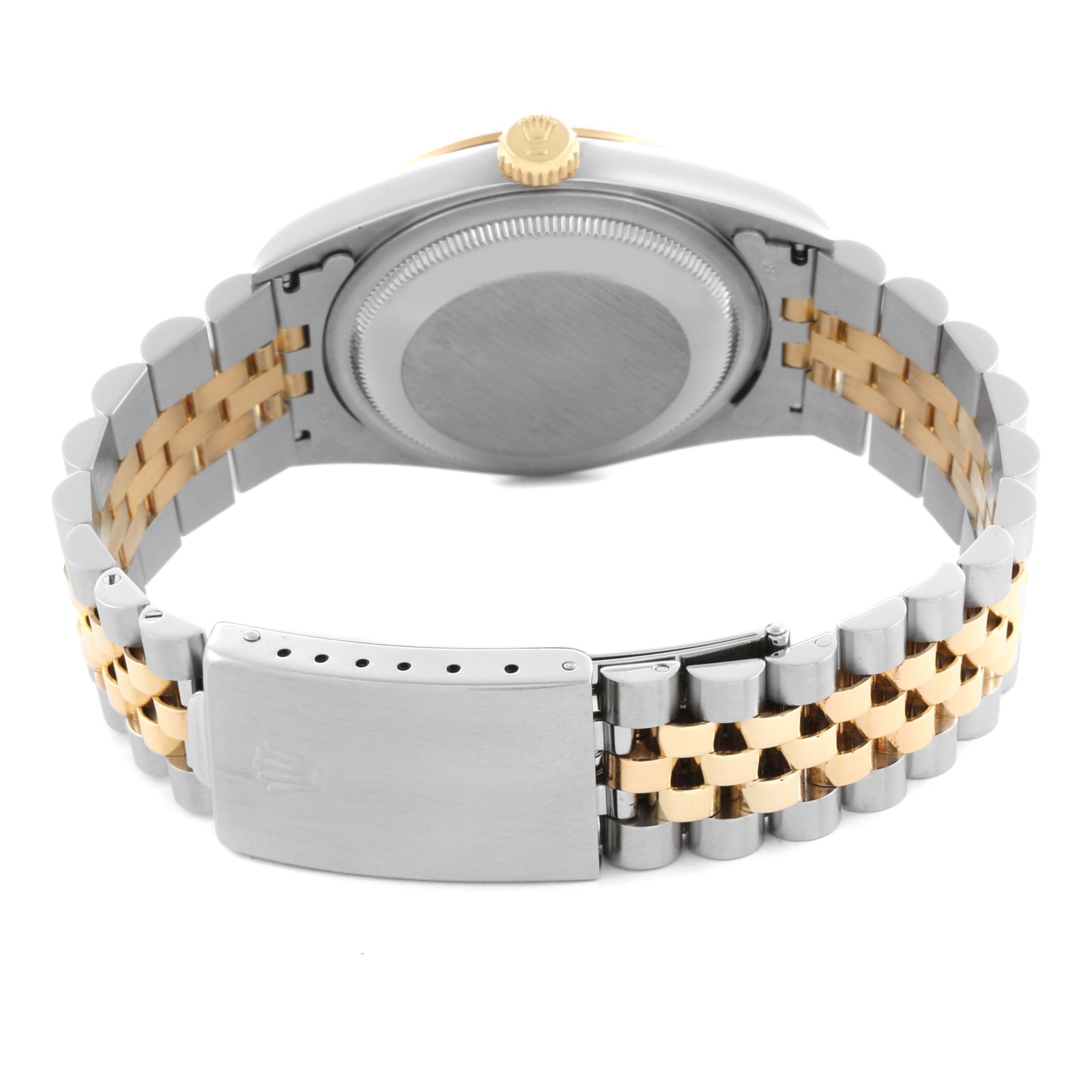 The image shows the back case and Jubilee bracelet of a Rolex Datejust 16233 Men
s Steel and Gold (two tone) White Dial 16233 Men
s Steel and Gold (two tone) White Dial watch, highlighting the two-tone links.