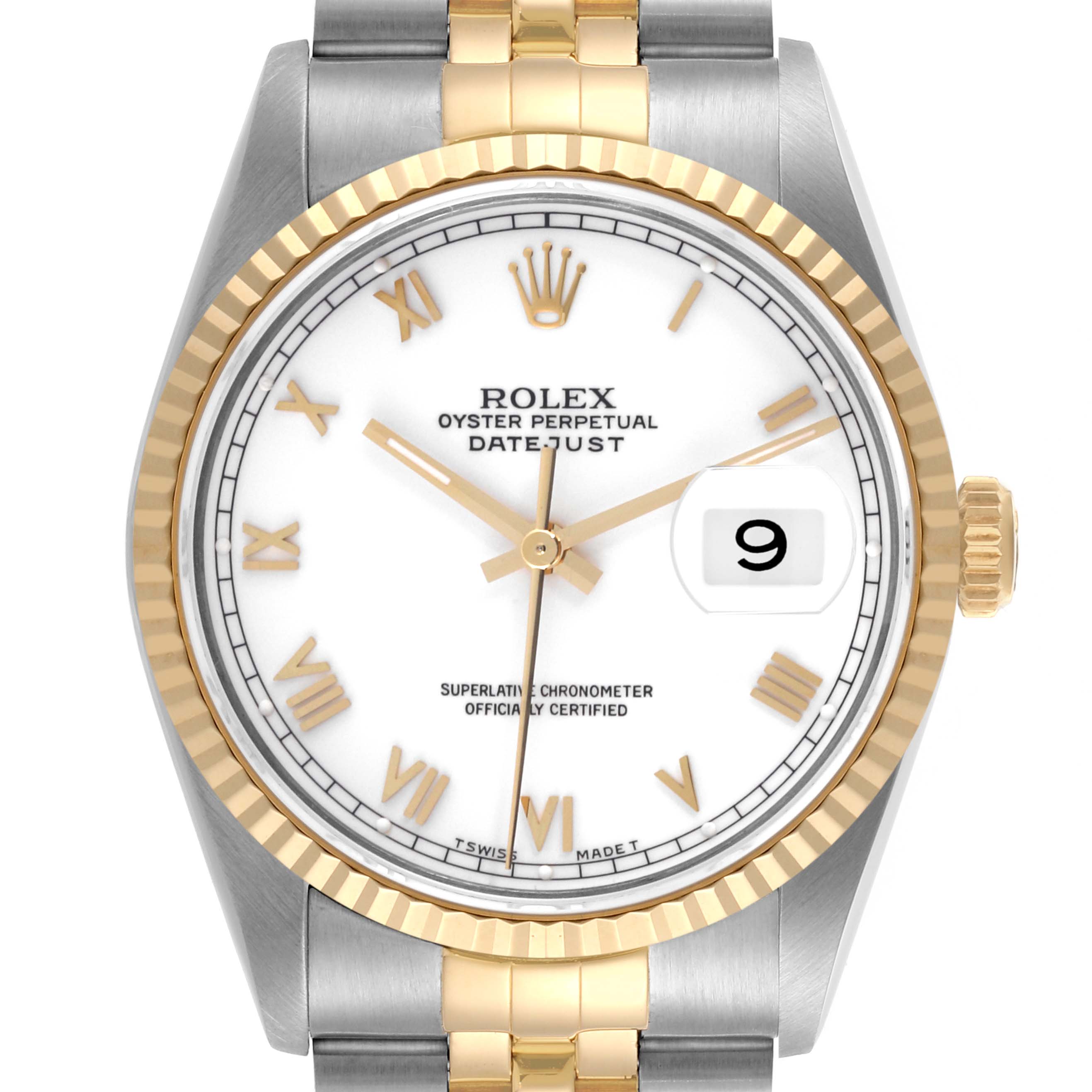The Rolex Datejust 16233 Men
s Steel and Gold (two tone) White Dial 16233 Men
s Steel and Gold (two tone) White Dial watch is shown from the front, displaying the dial, bezel, hands, and bracelet.