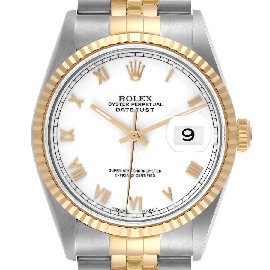 The Rolex Datejust watch is shown from the front, displaying the dial, bezel, hands, and bracelet.