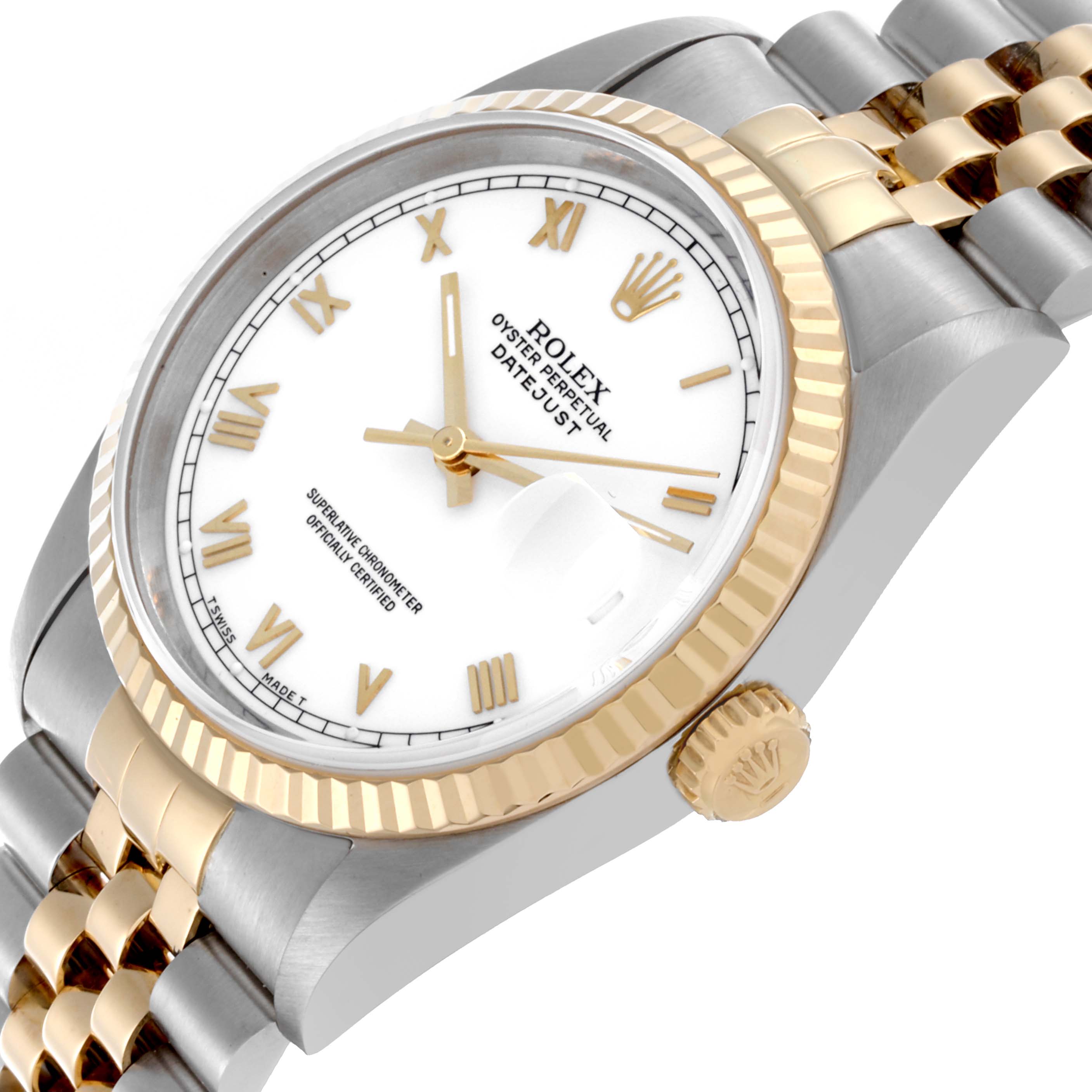 The Rolex Datejust 16233 Men
s Steel and Gold (two tone) White Dial 16233 Men
s Steel and Gold (two tone) White Dial is shown at an angle highlighting the gold fluted bezel, crown, and Jubilee bracelet.