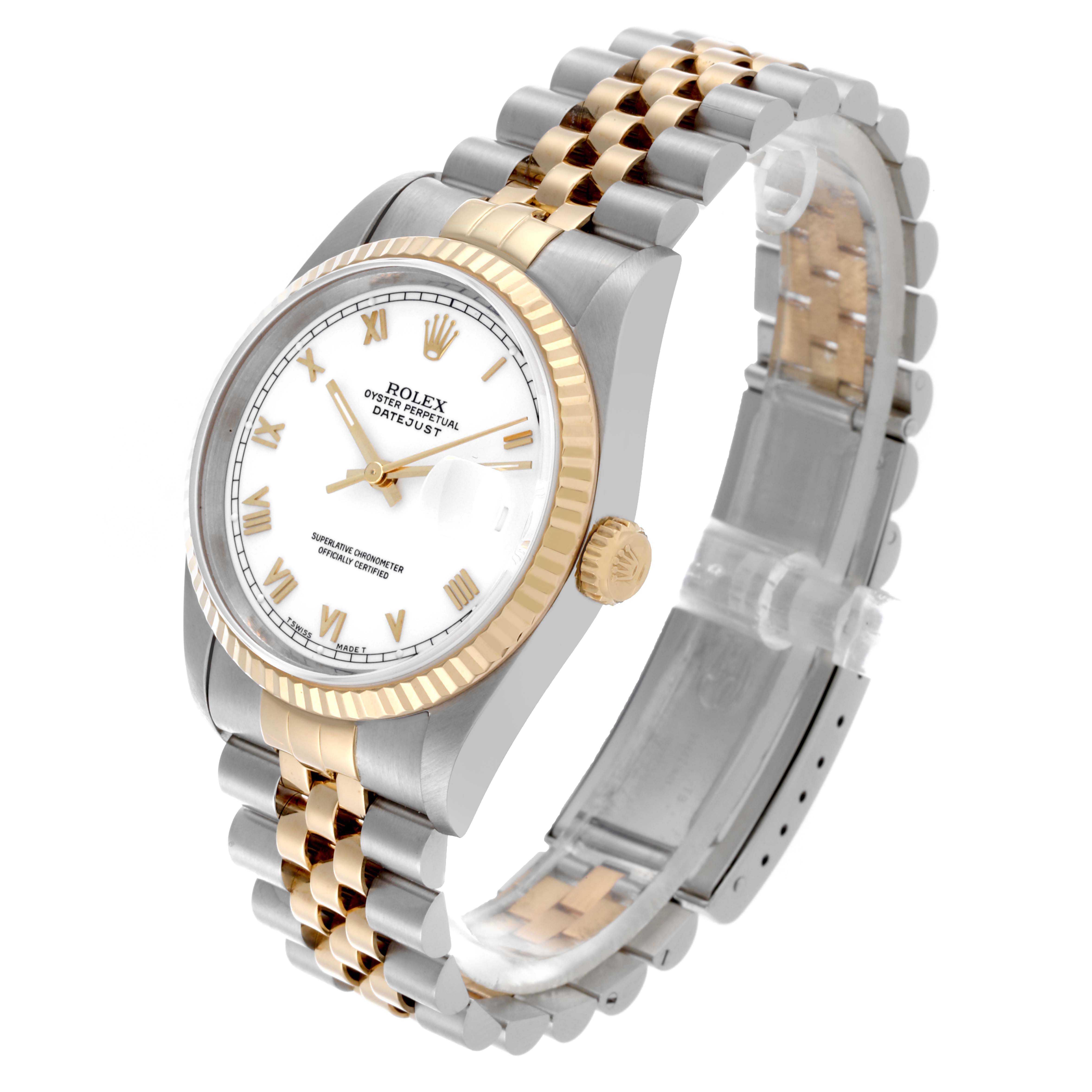 The Rolex Datejust 16233 Men
s Steel and Gold (two tone) White Dial 16233 Men
s Steel and Gold (two tone) White Dial watch is angled to show the face, fluted bezel, crown, and part of the Jubilee bracelet.