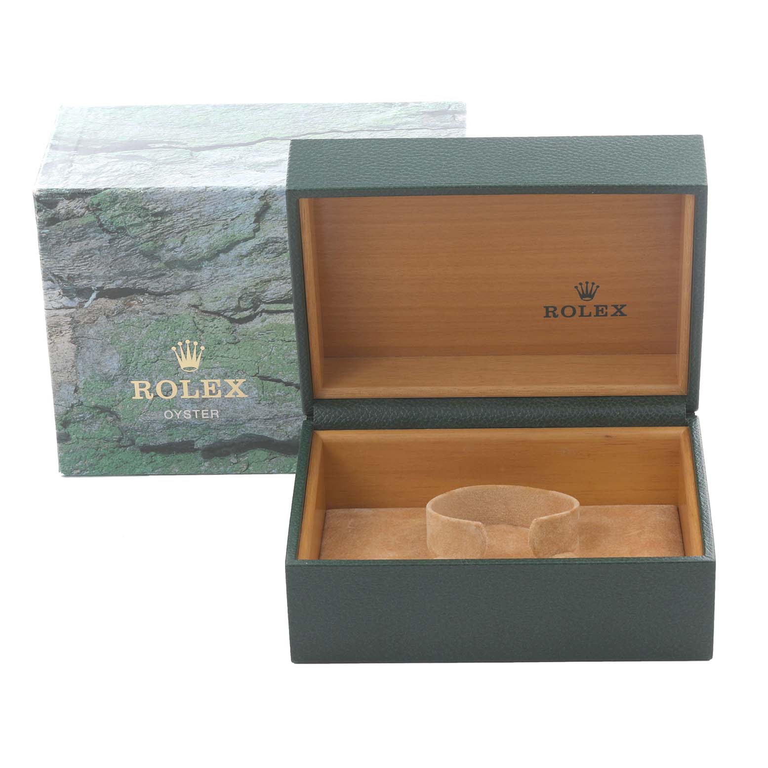 The image shows an open Rolex Datejust 16233 Men
s Steel and Gold (two tone) White Dial 16233 Men
s Steel and Gold (two tone) White Dial watch box and its outer green case from a front angle.