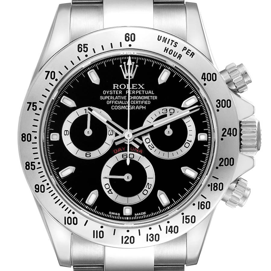 The Rolex Daytona watch is shown from the front, displaying its bezel, dial, subdials, and crown.