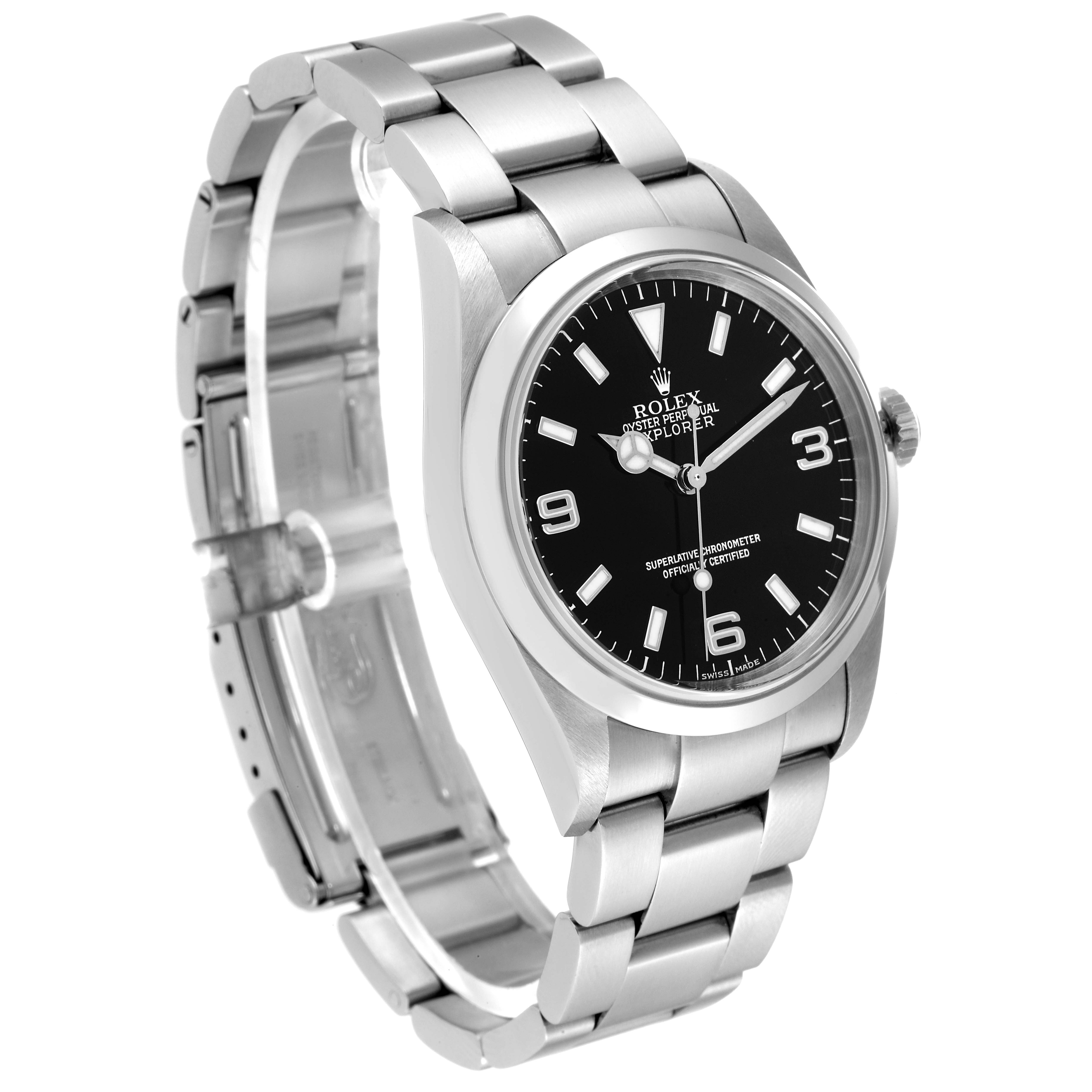 The Rolex Explorer 114270 Men's Stainless Steel Black Dial 114270 Men's Stainless Steel Black Dial watch is shown at a three-quarter angle, displaying the dial, case, bracelet, and clasp.