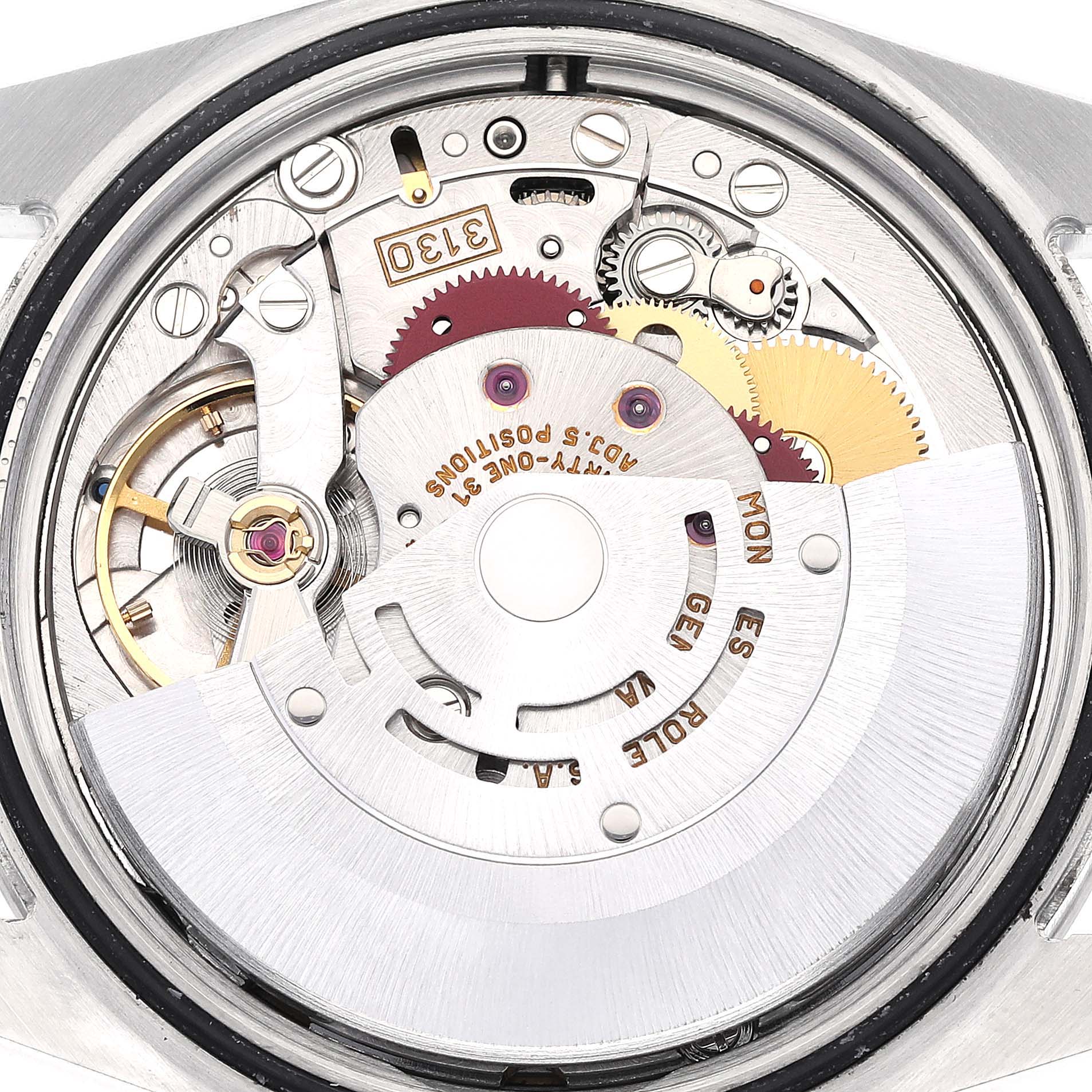 This image shows the intricate movement and internal components of a Rolex Explorer 114270 Men's Stainless Steel Black Dial 114270 Men's Stainless Steel Black Dial watch, viewed from the back.