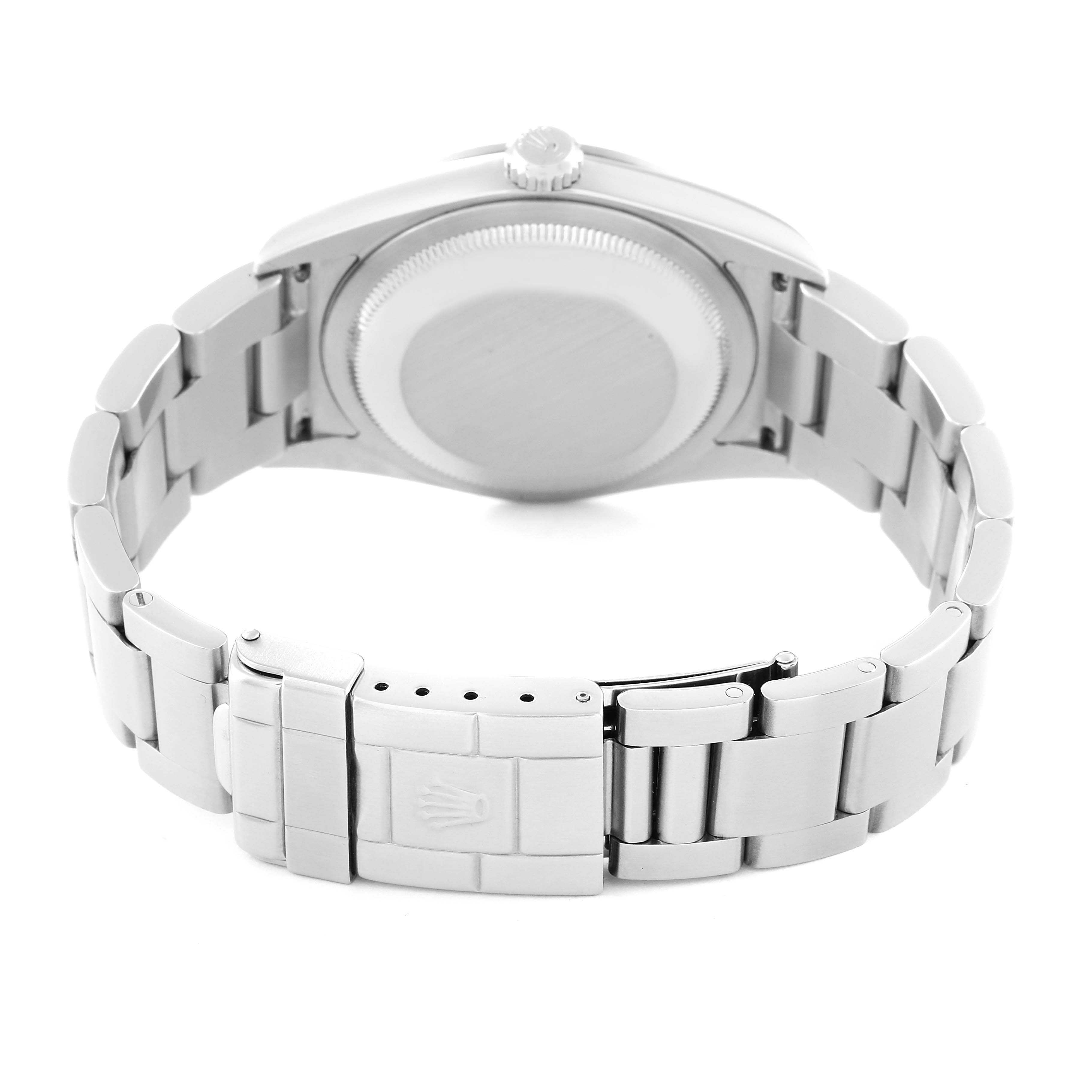 The image shows the back and bracelet clasp of a Rolex Explorer 114270 Men's Stainless Steel Black Dial 114270 Men's Stainless Steel Black Dial model watch.