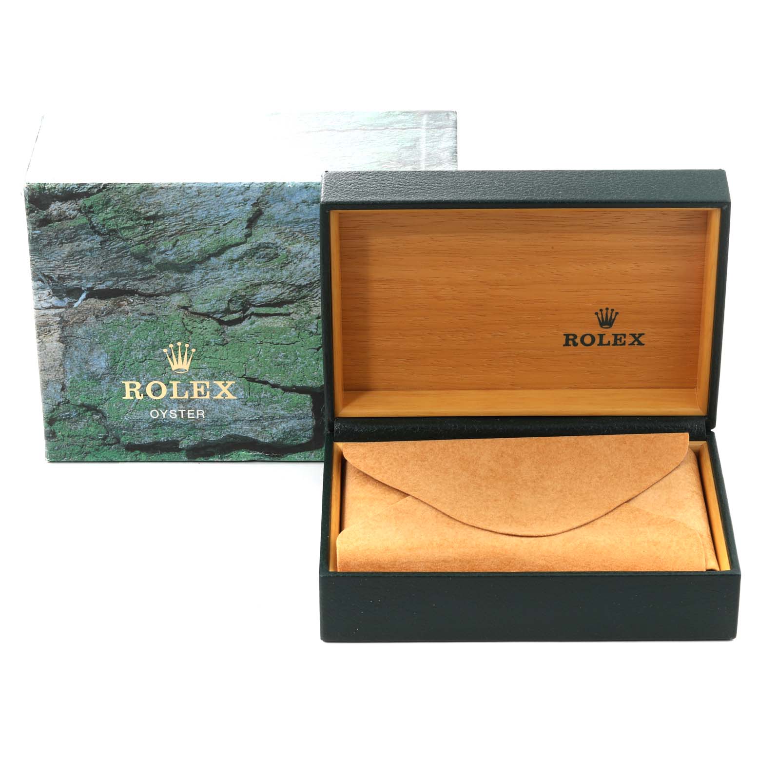 The image shows the packaging of a Rolex Explorer 114270 Men's Stainless Steel Black Dial 114270 Men's Stainless Steel Black Dial watch, including a green outer box and an open wooden inner box with a pouch inside.