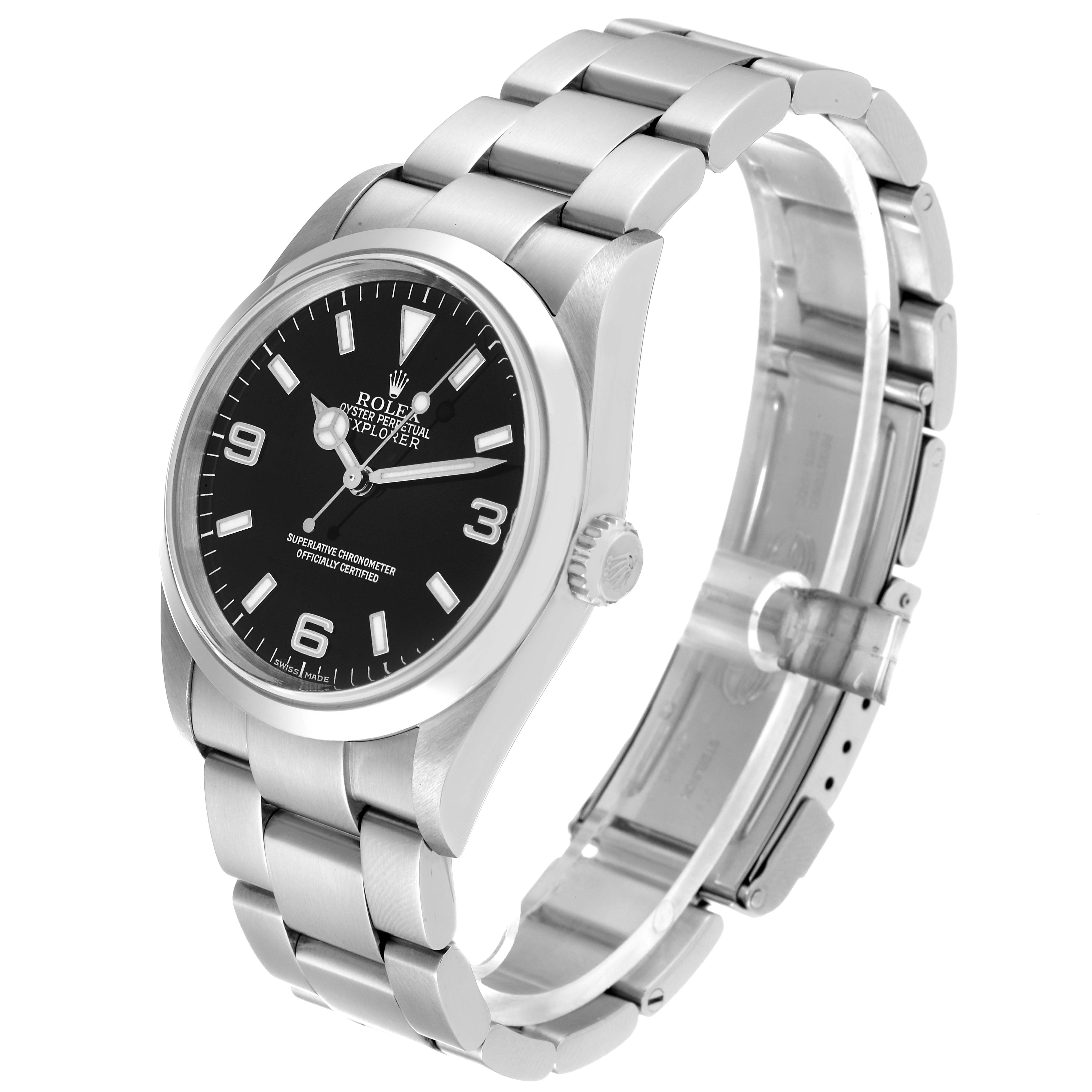 The image shows a side view of the Rolex Explorer 114270 Men's Stainless Steel Black Dial 114270 Men's Stainless Steel Black Dial watch, highlighting the face, bezel, crown, and bracelet.