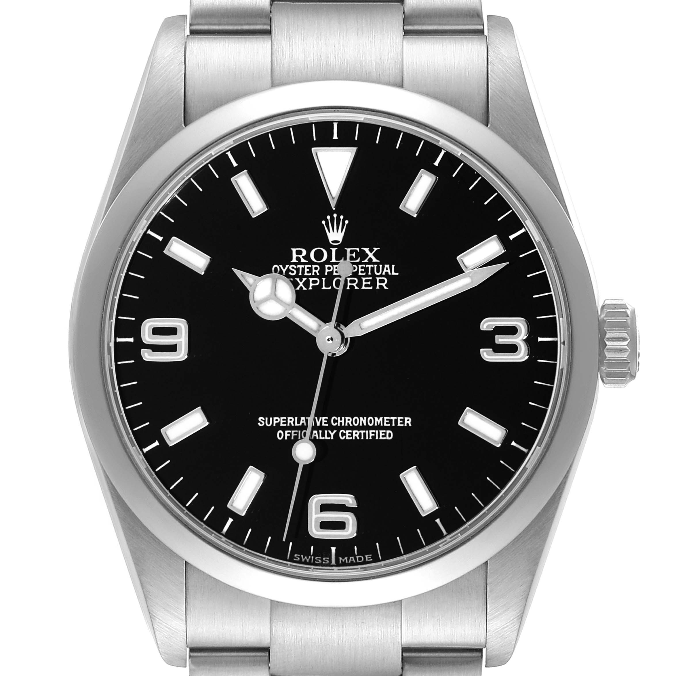The image displays a front view of the Rolex Explorer 114270 Men's Stainless Steel Black Dial 114270 Men's Stainless Steel Black Dial watch, showing its black dial, hour markers, hands, and part of the bracelet.