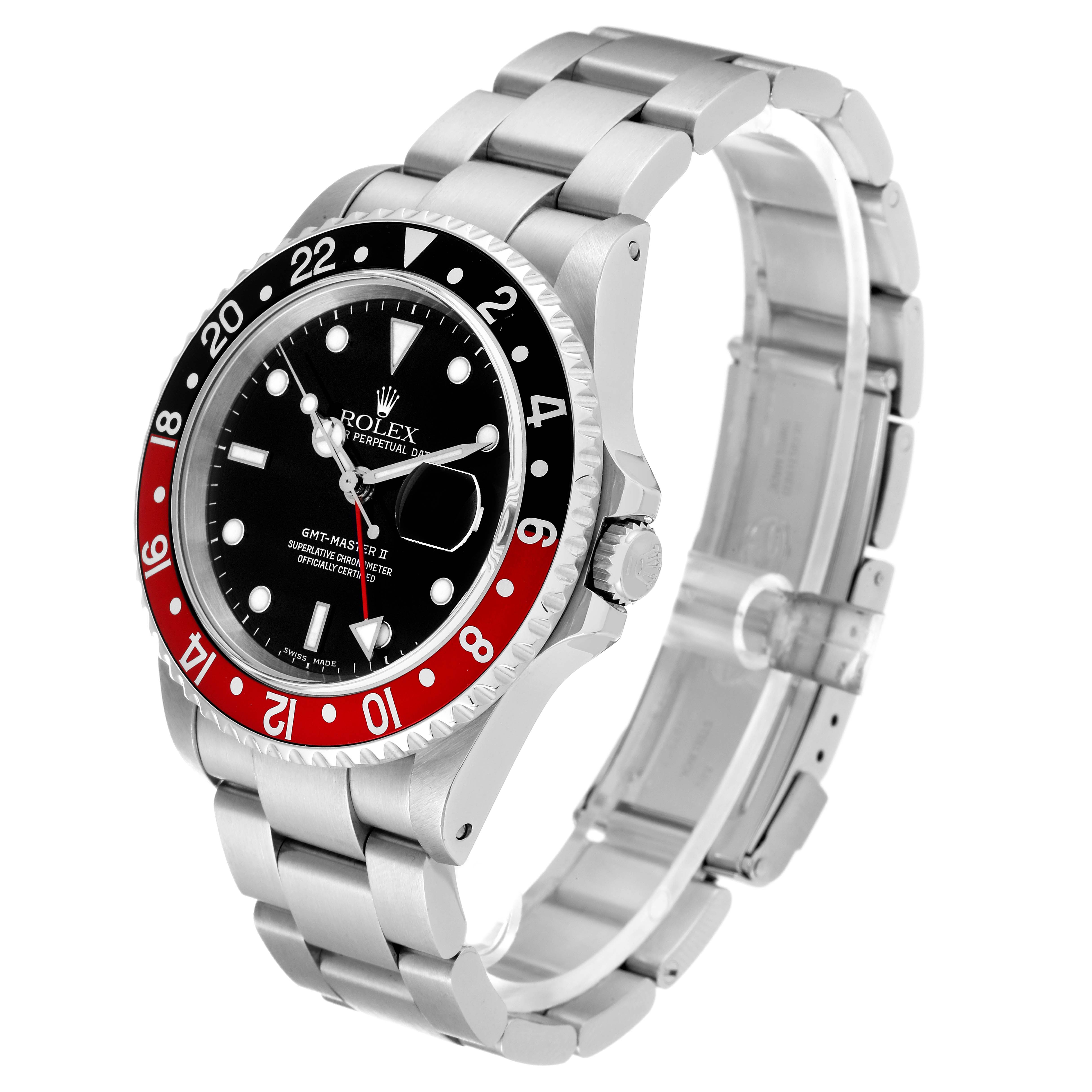 The Rolex GMT-Master 16710 Men's Stainless Steel Black Dial 16710 Men's Stainless Steel Black Dial watch is shown at a slight angle displaying its face, bezel, crown, and bracelet.