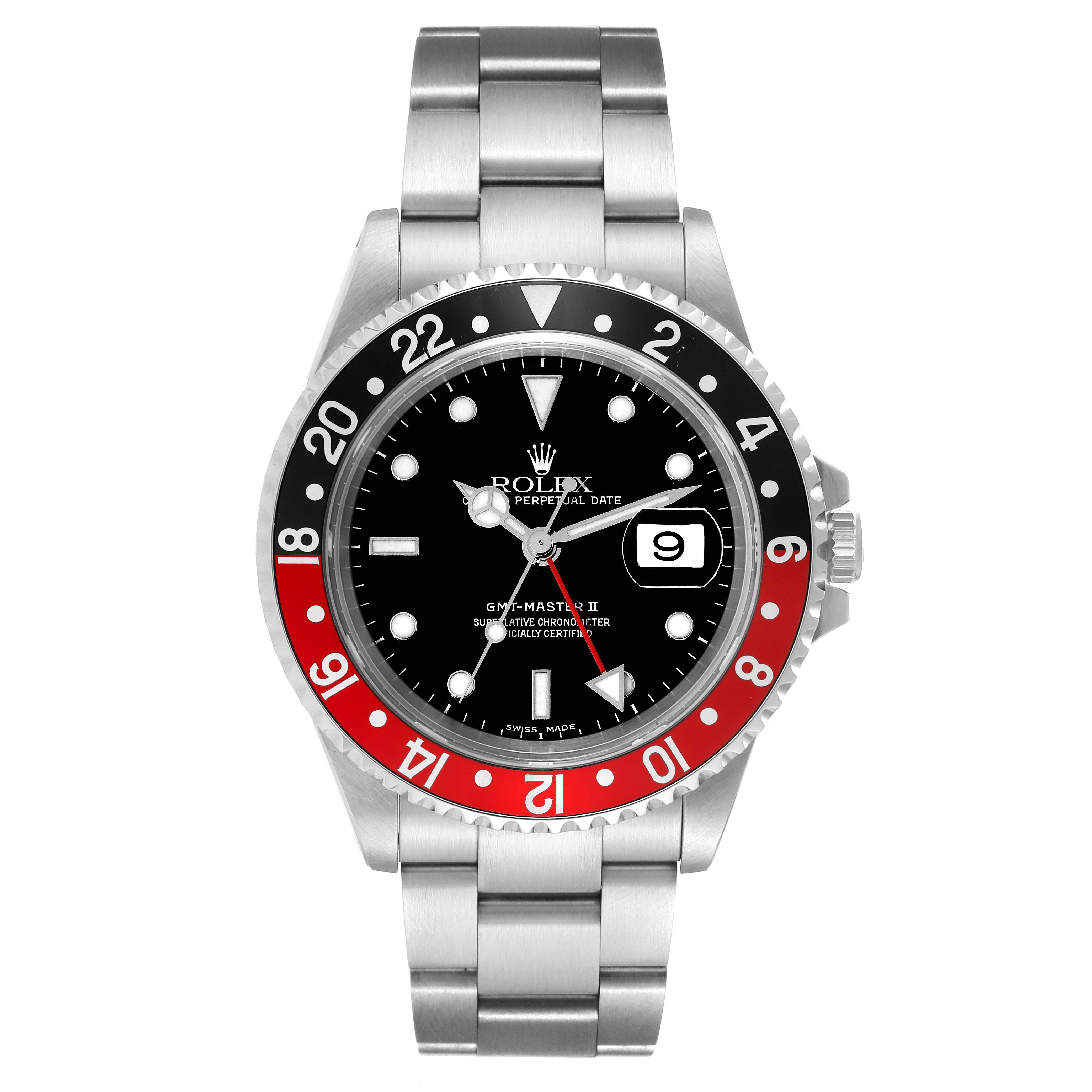 This image shows a front view of a Rolex GMT-Master 16710 Men's Stainless Steel Black Dial 16710 Men's Stainless Steel Black Dial II watch, highlighting its face, bezel, and stainless steel bracelet.