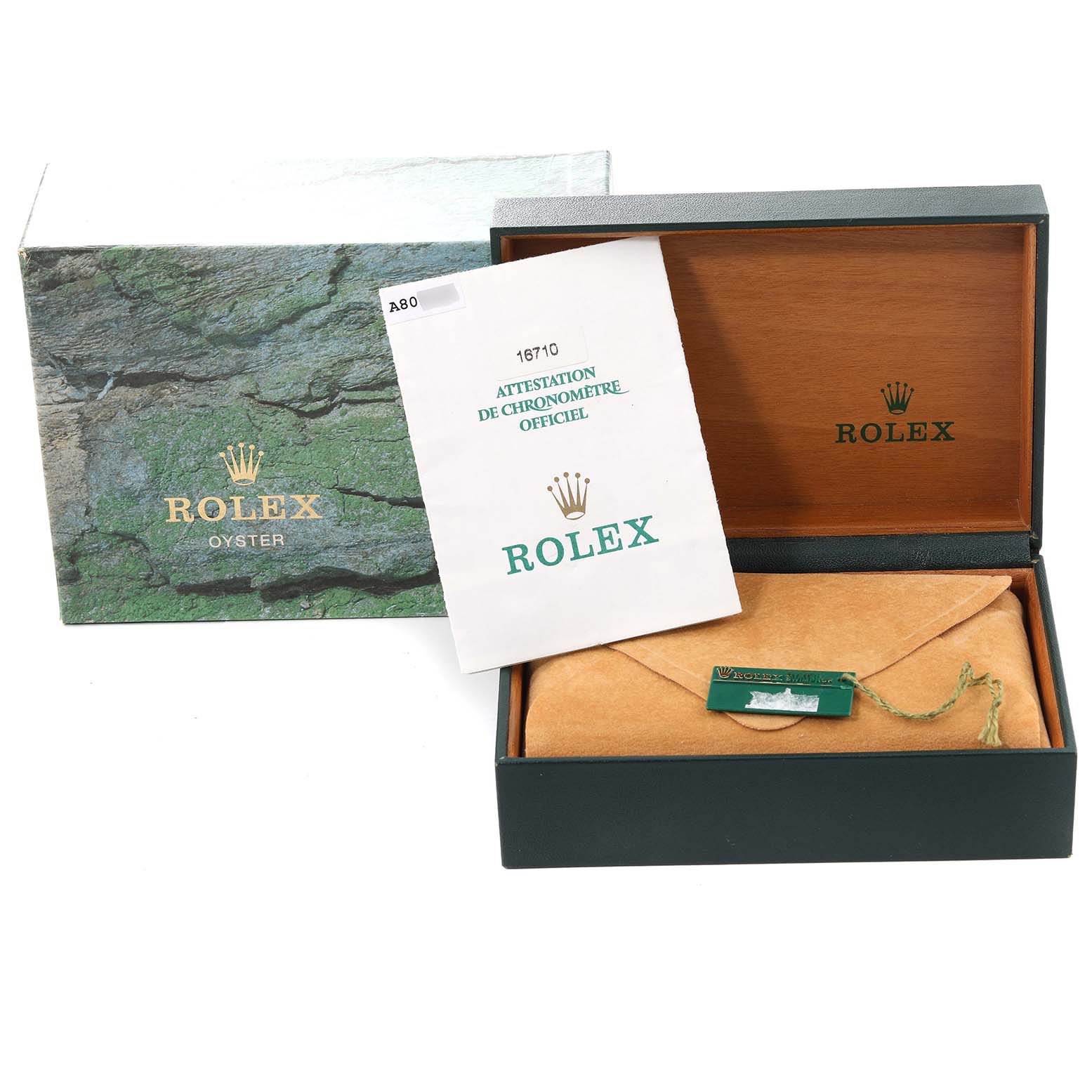 The image shows the outer box, inner box, and certificate for a Rolex GMT-Master 16710 Men's Stainless Steel Black Dial 16710 Men's Stainless Steel Black Dial.