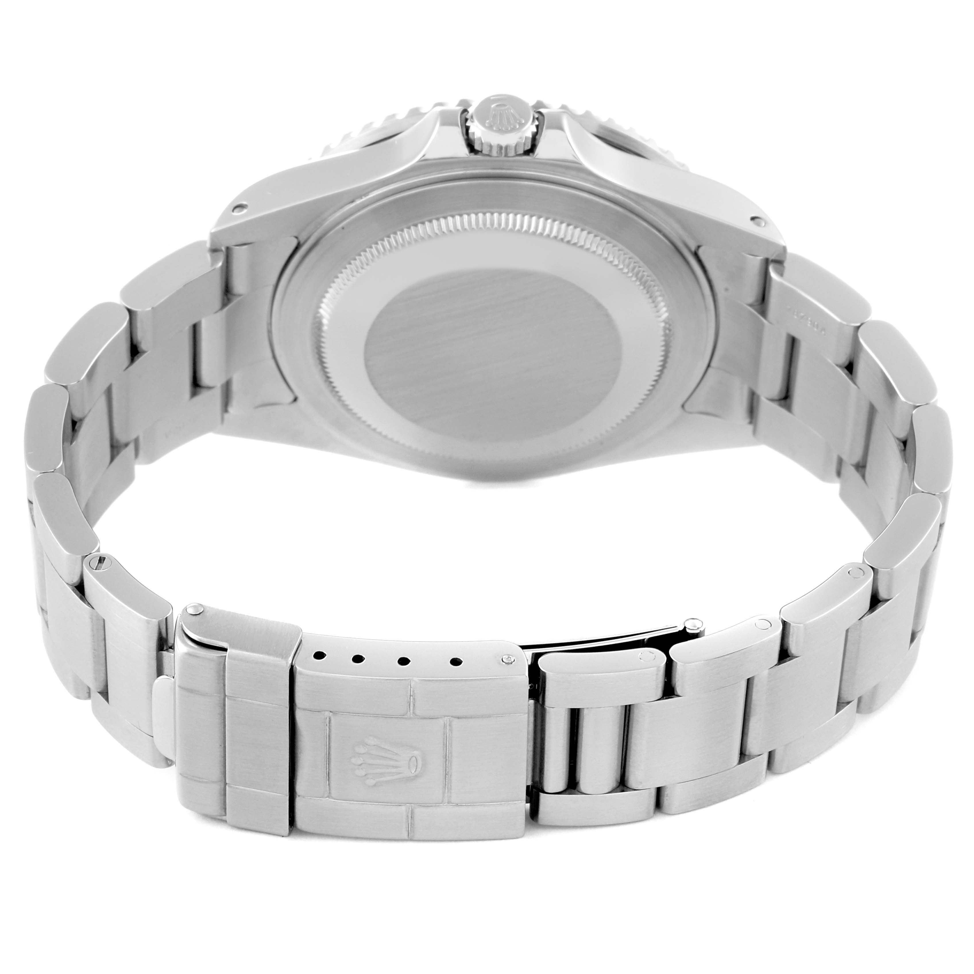 This image shows the back case and clasp of the Rolex GMT-Master 16710 Men's Stainless Steel Black Dial 16710 Men's Stainless Steel Black Dial watch from a rear angle.