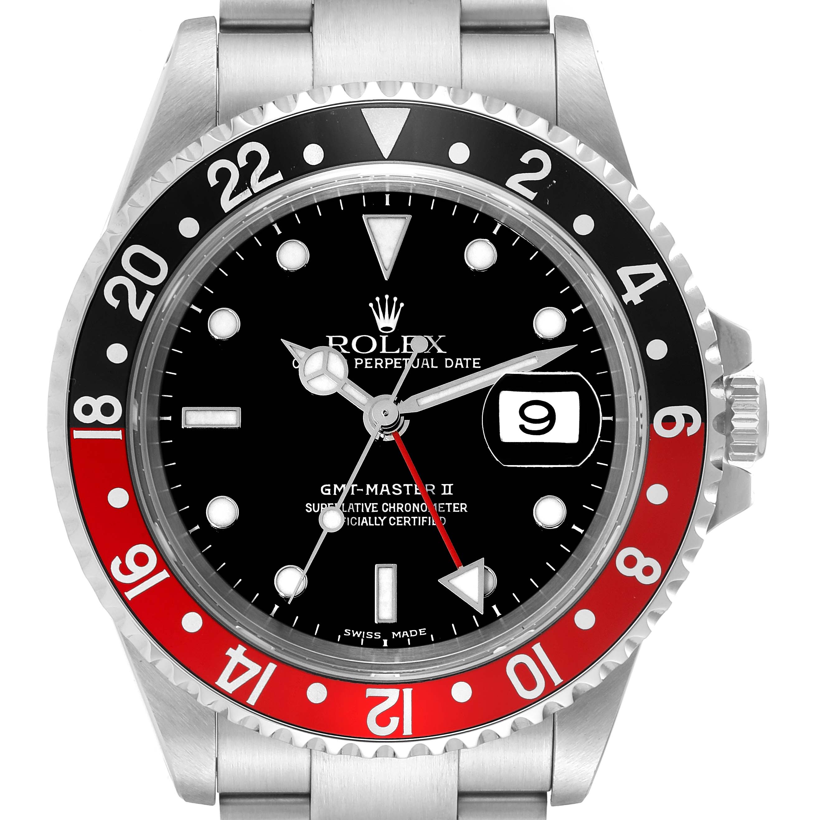 The image shows a frontal view of a Rolex GMT-Master 16710 Men's Stainless Steel Black Dial 16710 Men's Stainless Steel Black Dial II watch, including its black and red bezel, dial, and stainless steel bracelet.