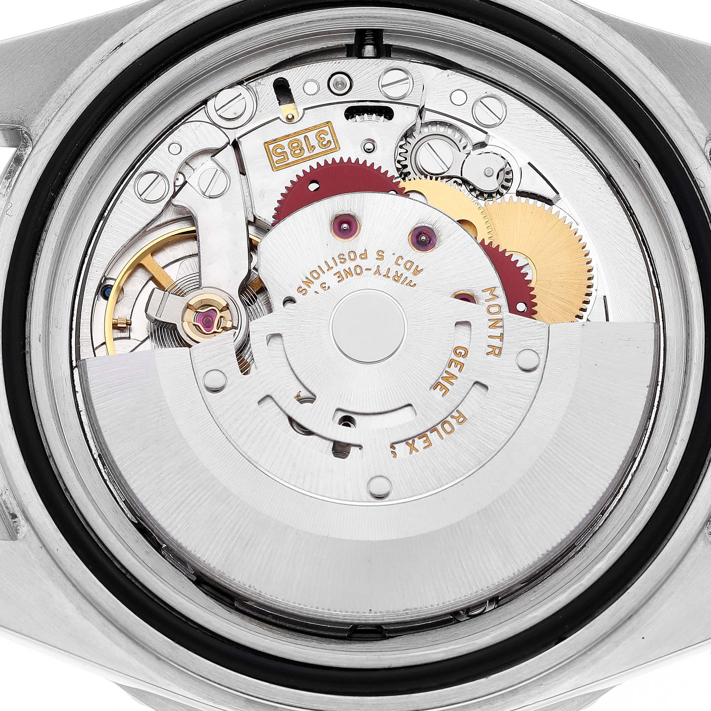 This image shows the internal mechanical movement of a Rolex GMT-Master 16710 Men's Stainless Steel Black Dial 16710 Men's Stainless Steel Black Dial watch from a top-down angle.