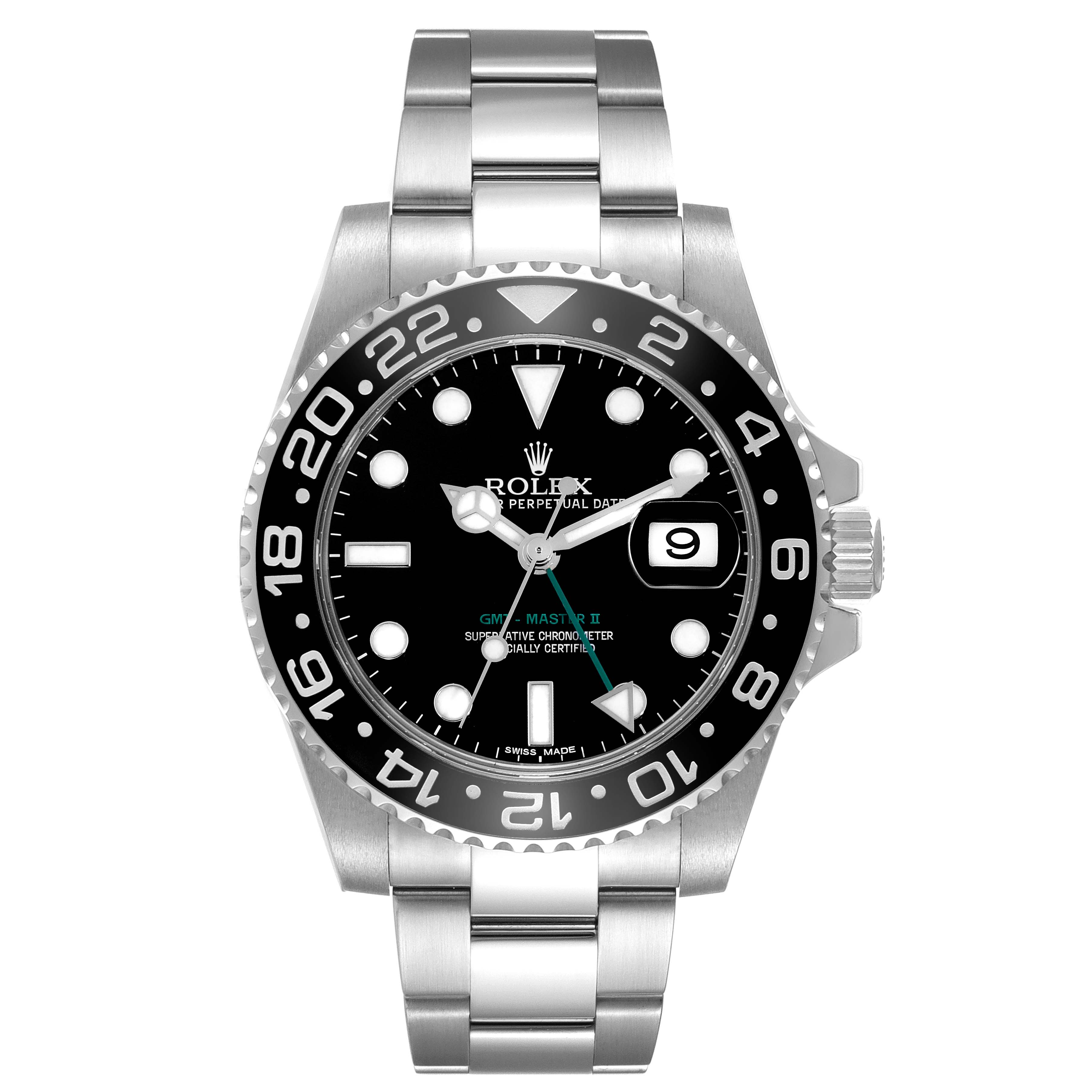 The image shows a front view of a Rolex GMT-Master 116710 Men
s Stainless Steel Black Dial 116710 Men
s Stainless Steel Black Dial watch, displaying the dial, bezel, and bracelet.