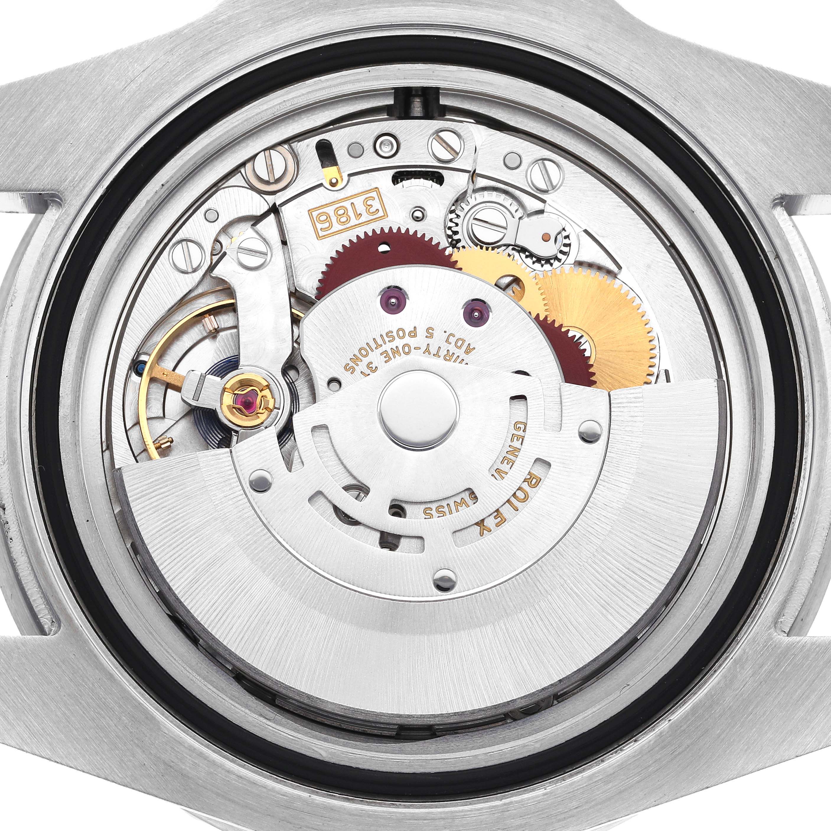 The image shows the back view of the Rolex GMT-Master 116710 Men
s Stainless Steel Black Dial 116710 Men
s Stainless Steel Black Dial, highlighting its movement and internal mechanics.