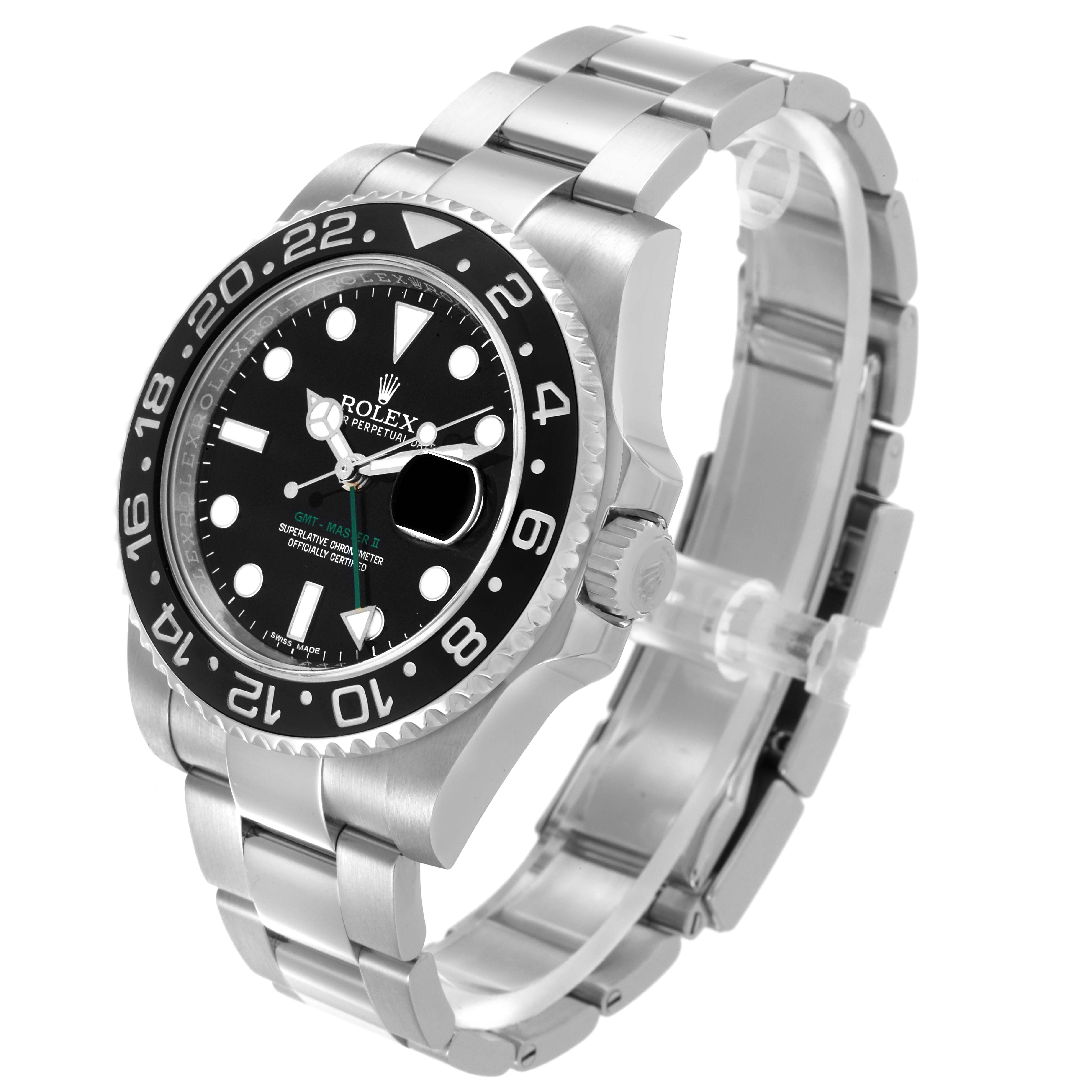 The Rolex GMT-Master 116710 Men
s Stainless Steel Black Dial 116710 Men
s Stainless Steel Black Dial watch is shown at a three-quarter angle, highlighting the face, bezel, crown, and bracelet.